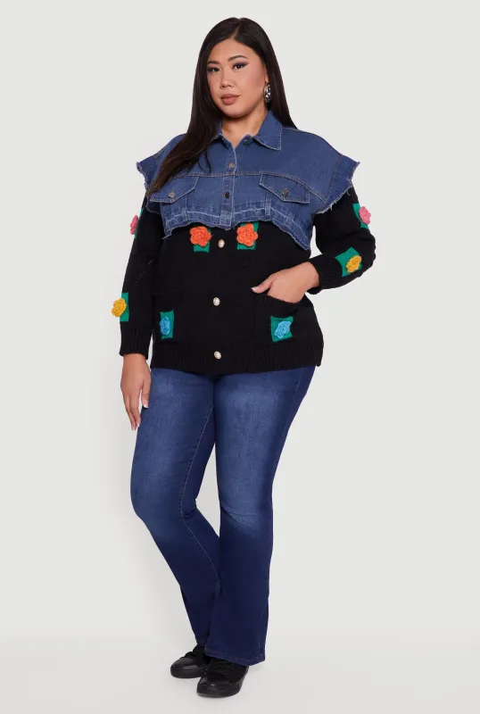 Plus Size Crochet Flower Layered Sweater Denim Jacket sold by Rainbow