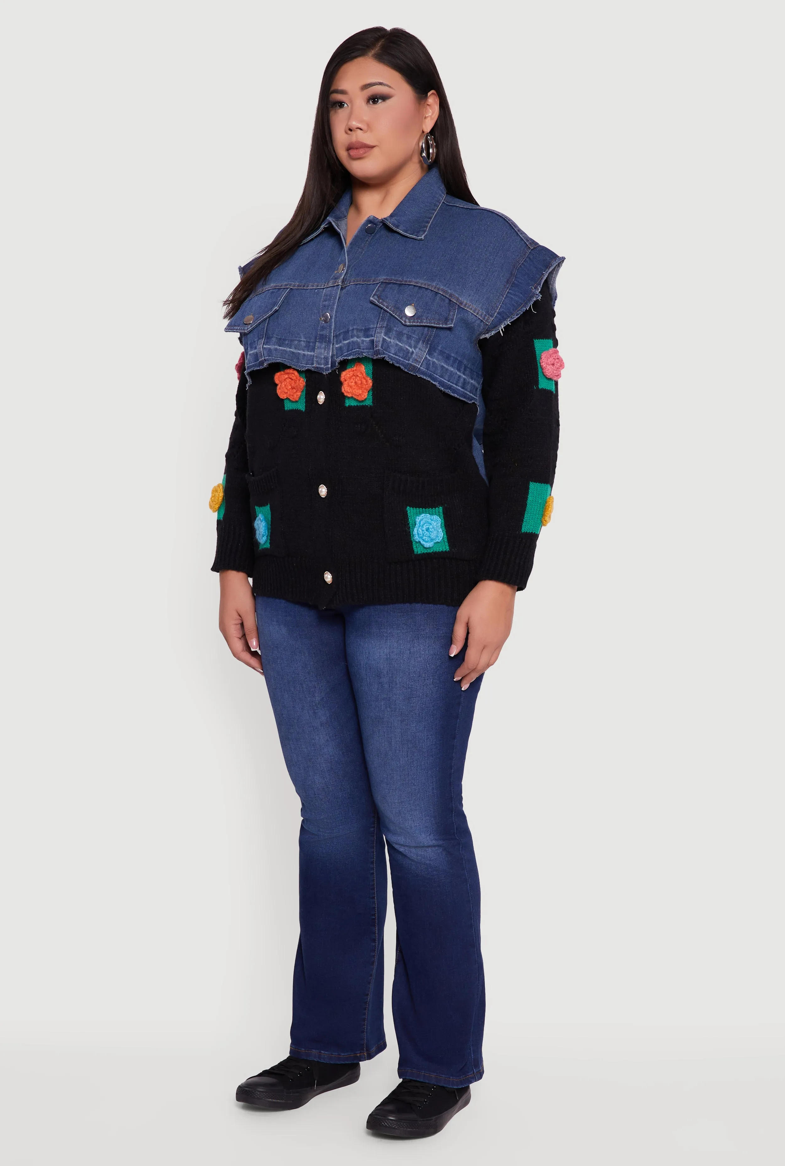 Plus Size Crochet Flower Layered Sweater Denim Jacket sold by Rainbow product image thumbnail 5