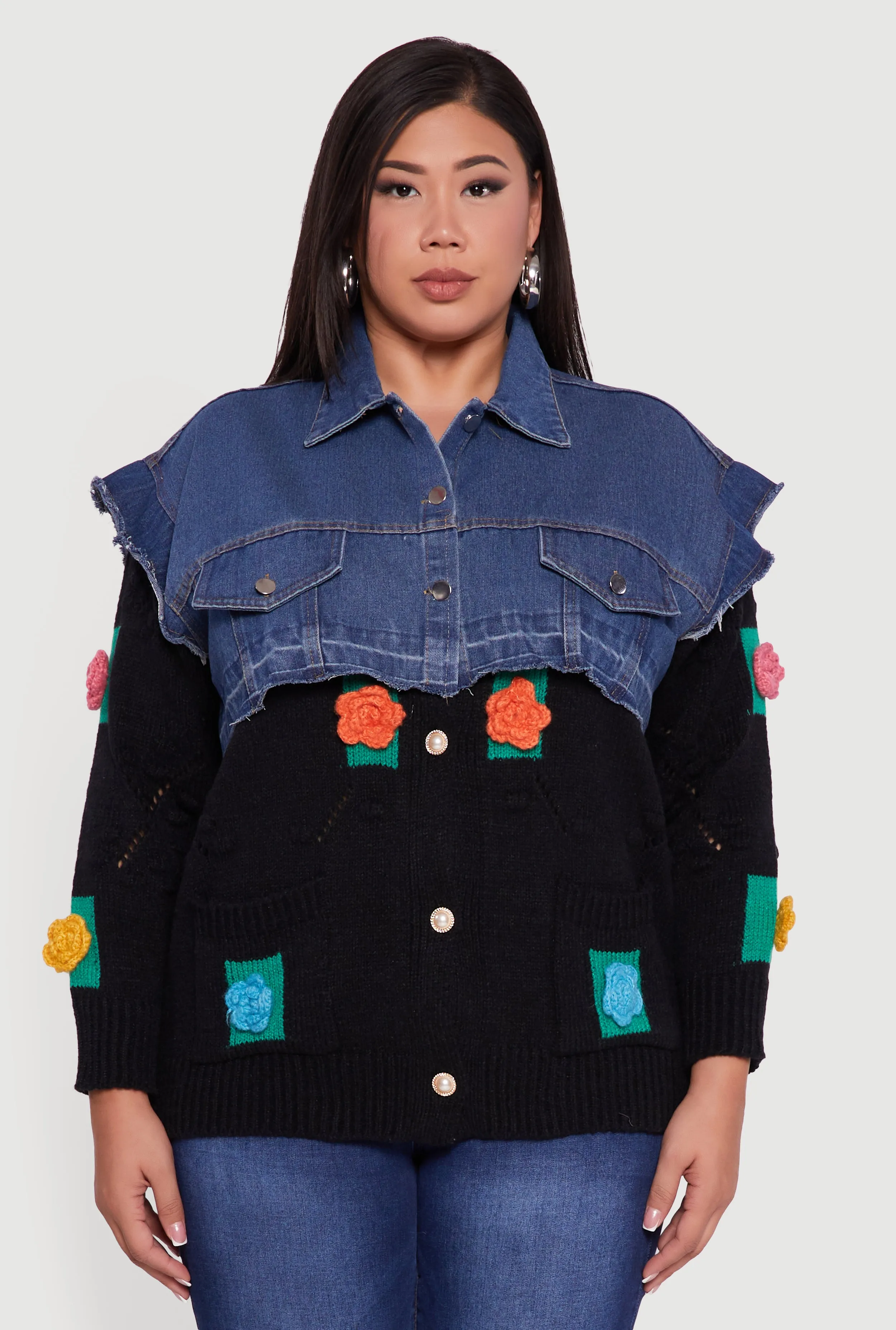 Plus Size Crochet Flower Layered Sweater Denim Jacket sold by Rainbow product image thumbnail 2