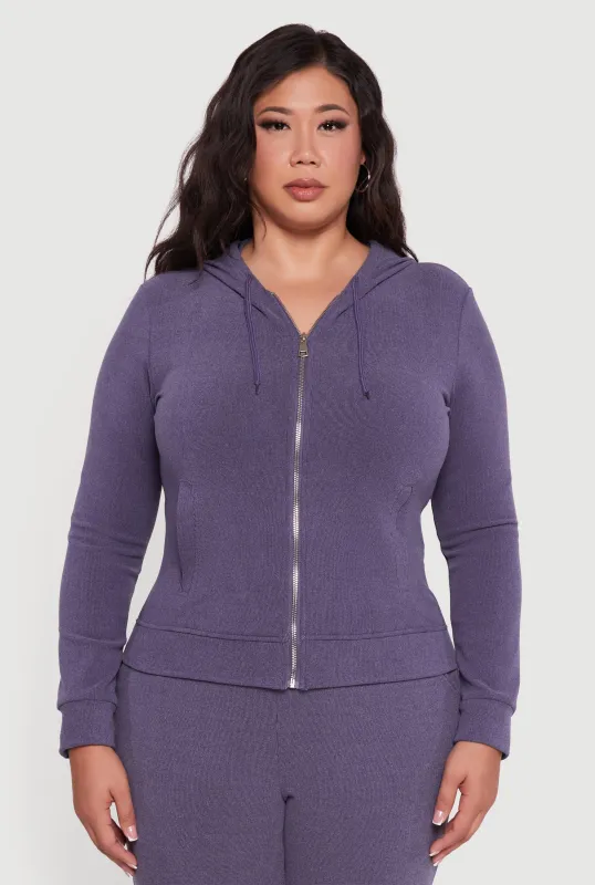 Plus Size Soft Ribbed Knit Zip Front Hoodie sold by Rainbow