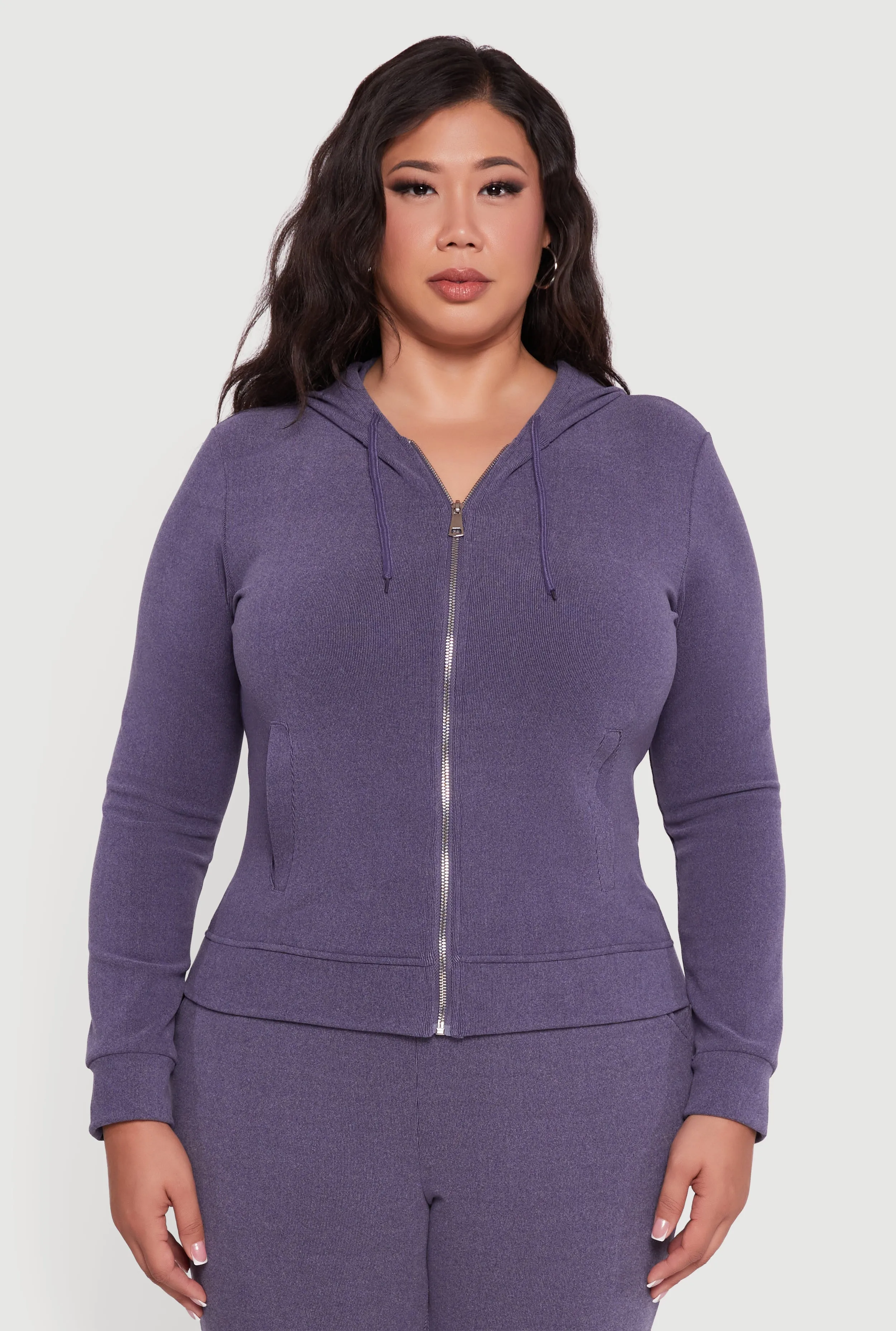 Plus Size Soft Ribbed Knit Zip Front Hoodie sold by Rainbow