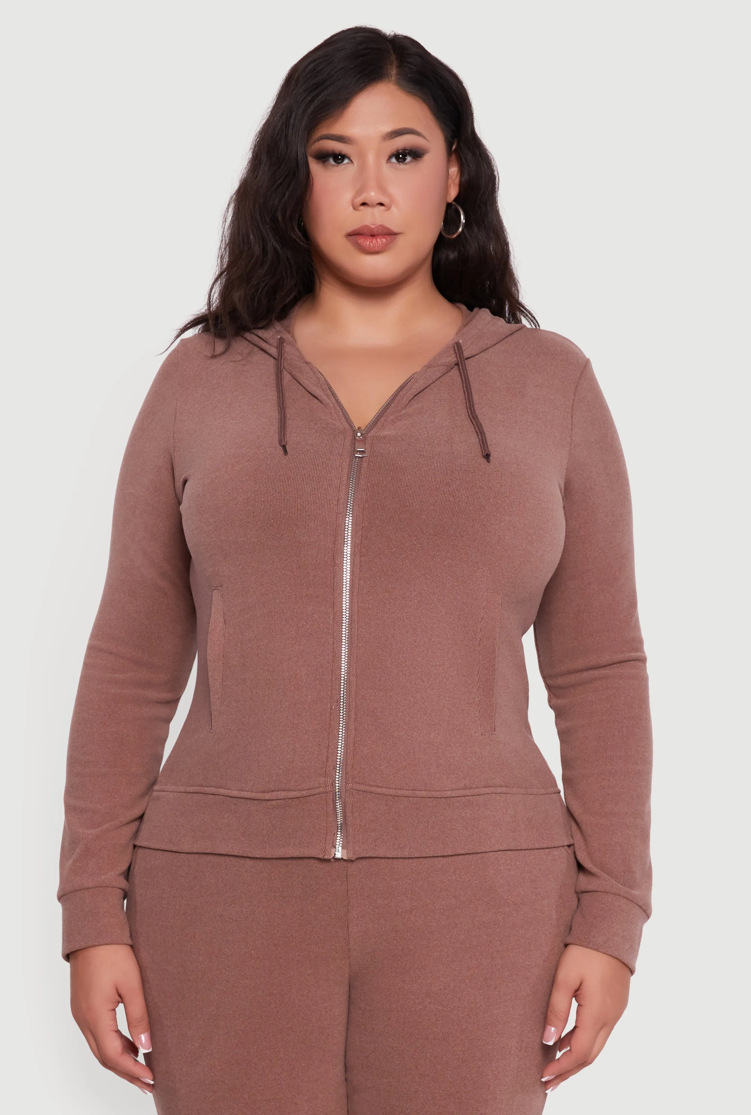 Plus Size Soft Ribbed Knit Zip Front Hoodie sold by Rainbow