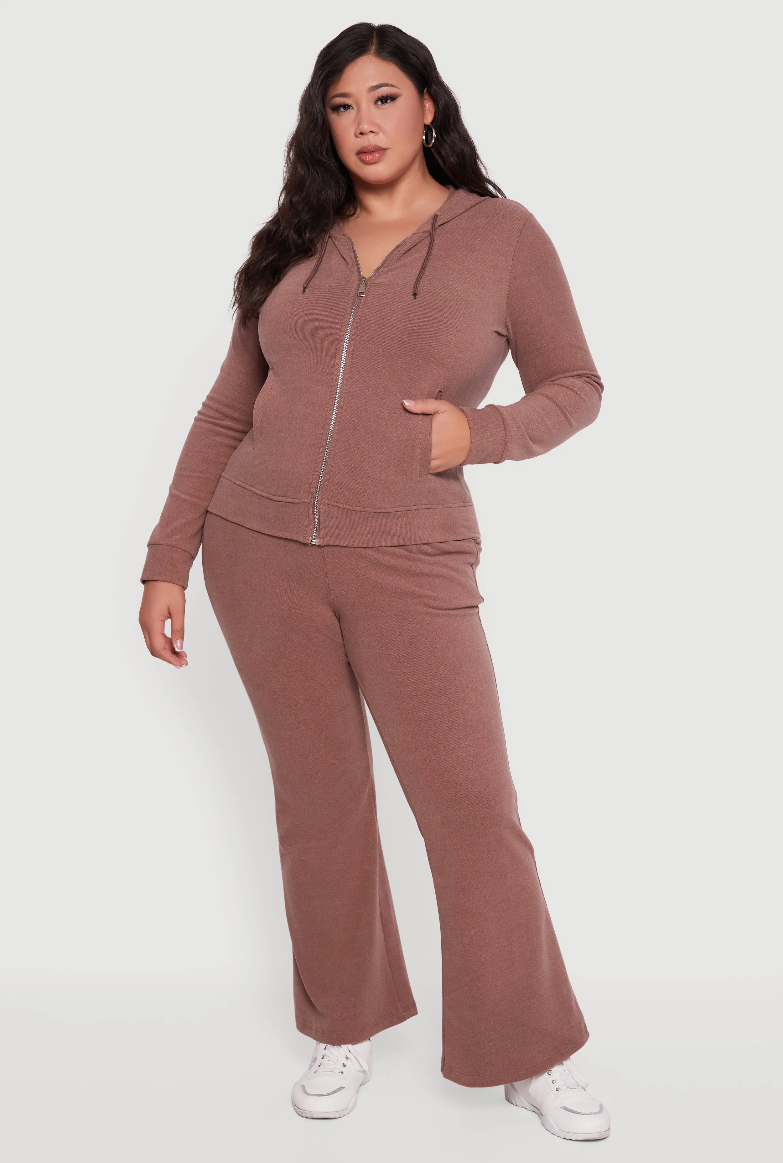 Plus Size Soft Ribbed Knit Zip Front Hoodie sold by Rainbow product image thumbnail 3