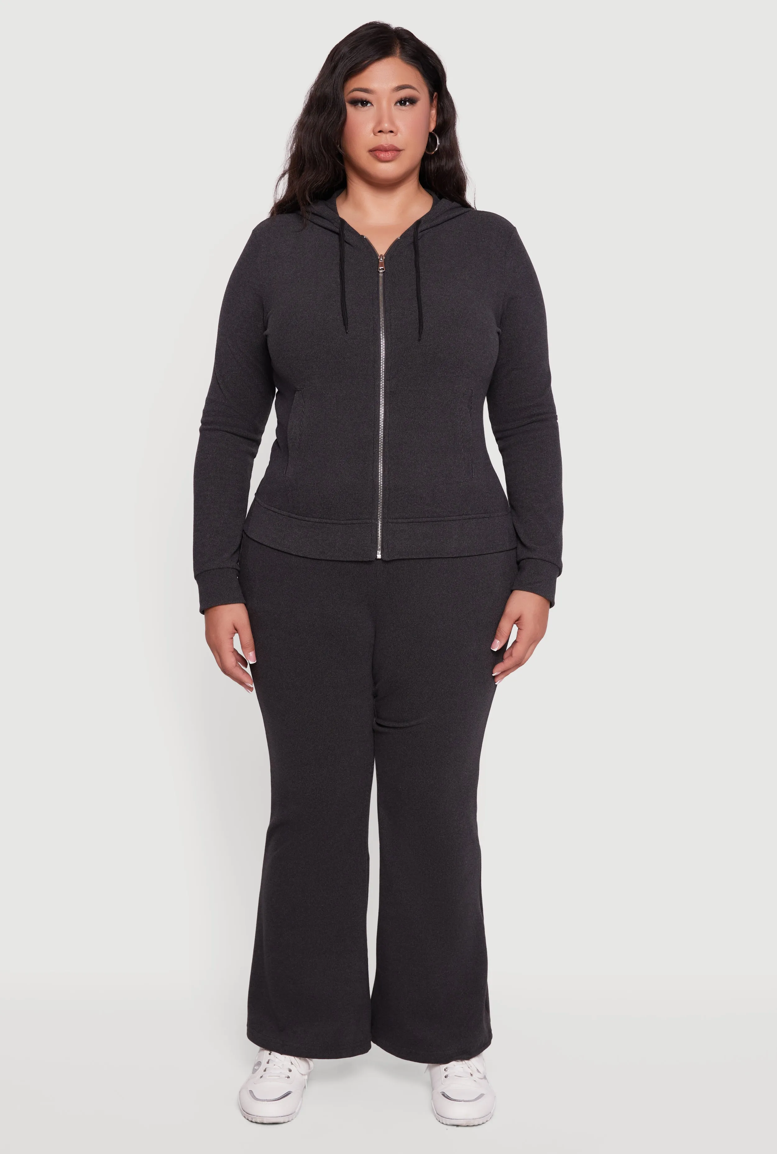 Plus Size Soft Ribbed Knit Zip Front Hoodie sold by Rainbow product image thumbnail 2