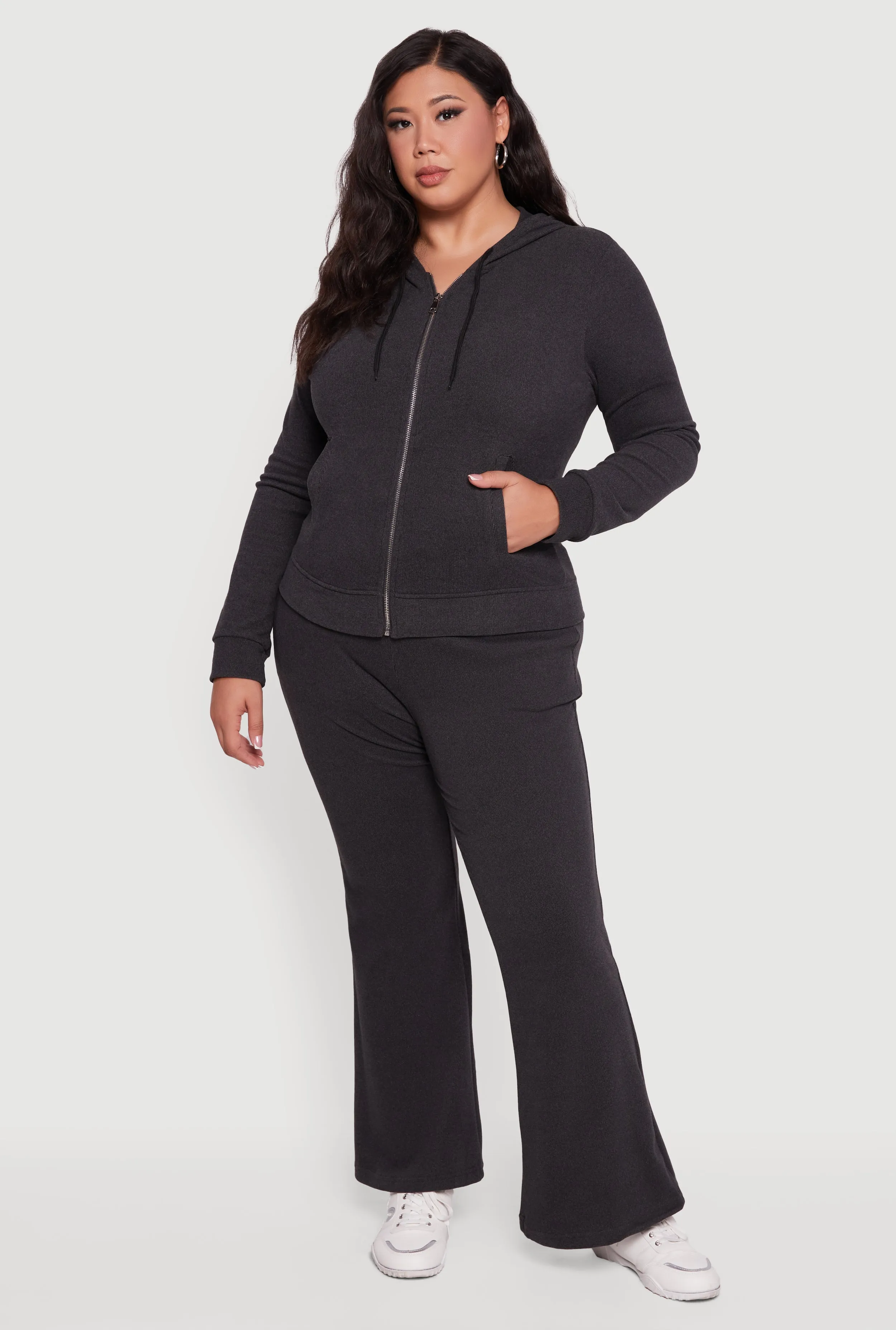 Plus Size Soft Ribbed Knit Zip Front Hoodie sold by Rainbow product image thumbnail 3