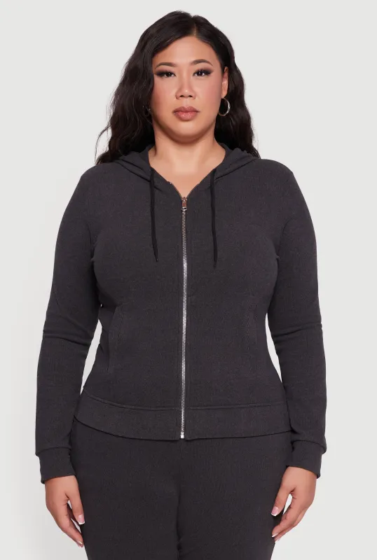 Plus Size Soft Ribbed Knit Zip Front Hoodie sold by Rainbow