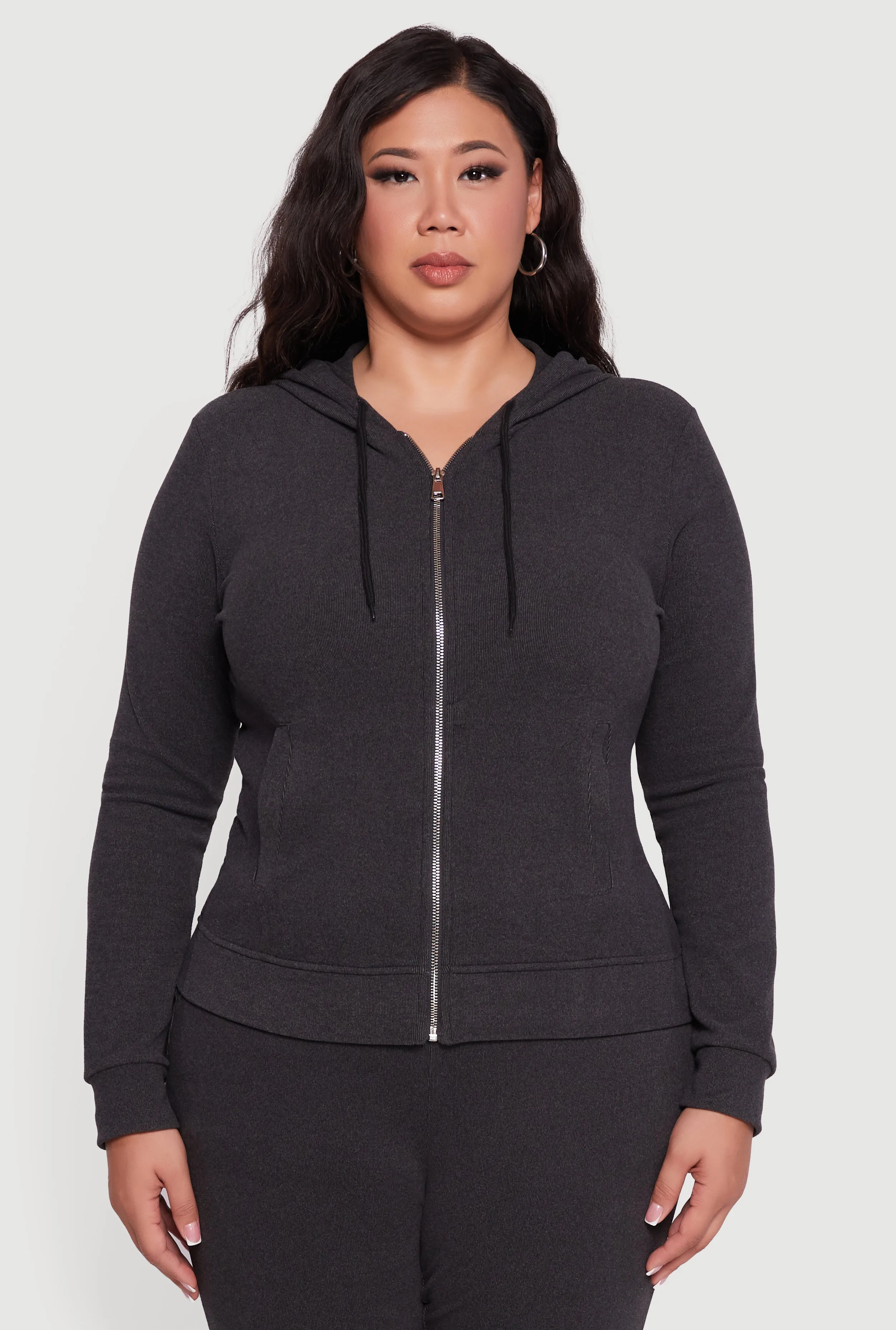 Plus Size Soft Ribbed Knit Zip Front Hoodie sold by Rainbow