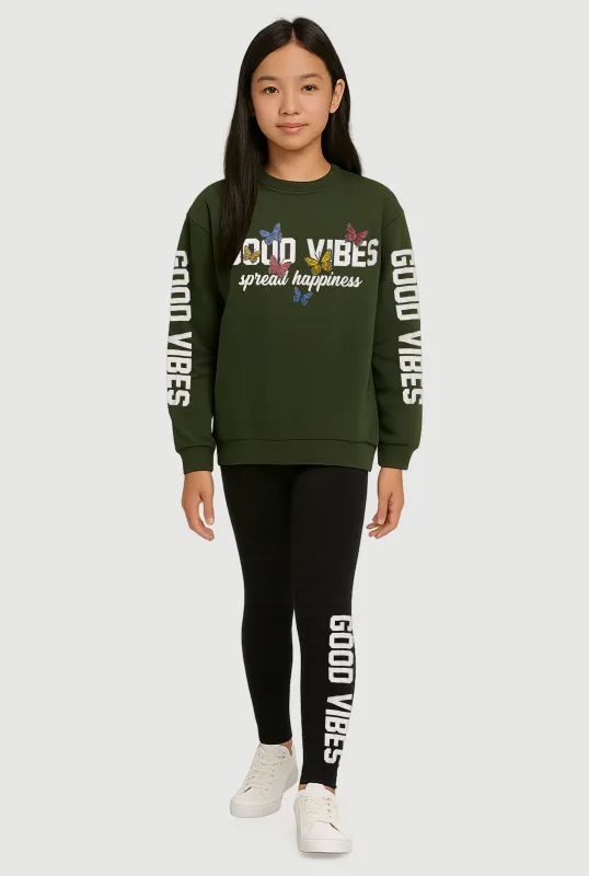 Girls Good Vibes Spread Happiness Sweatshirt and Leggings sold by Rainbow