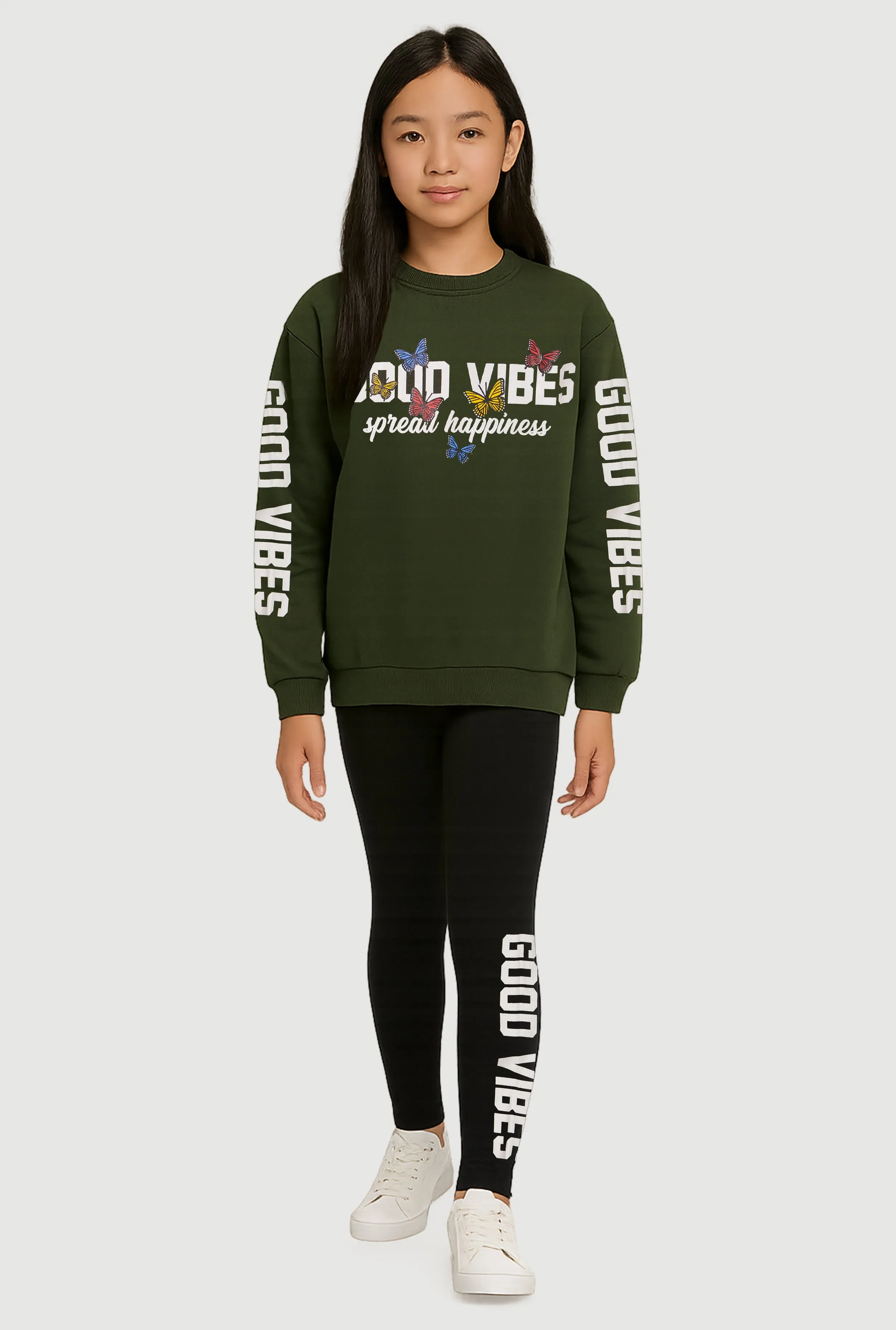 Girls Good Vibes Spread Happiness Sweatshirt and Leggings sold by Rainbow