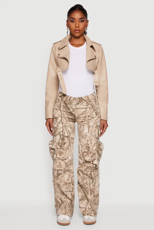 Faux Leather Cropped Moto Jacket with Belted Hem sold by Rainbow
