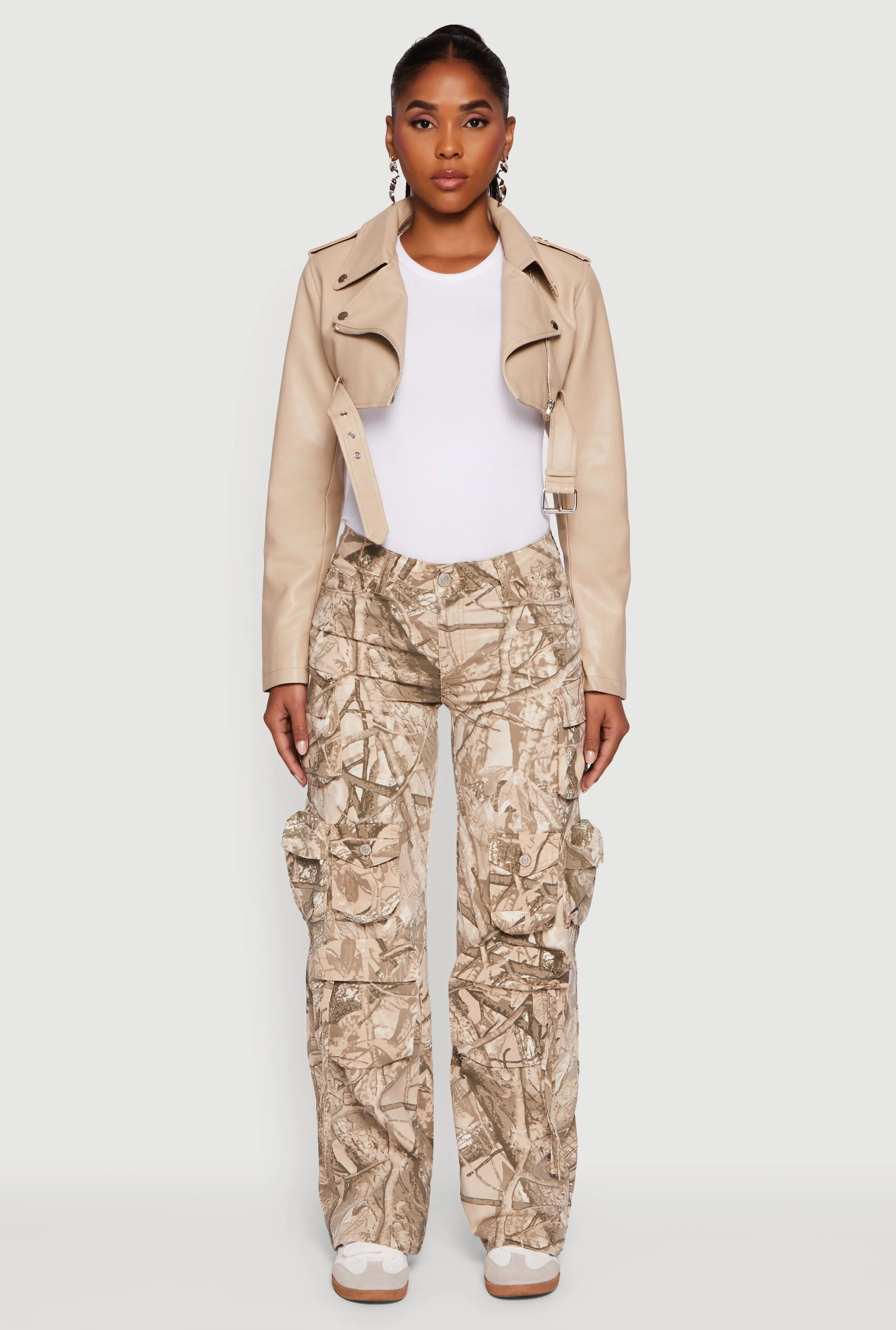 Faux Leather Cropped Moto Jacket with Belted Hem sold by Rainbow