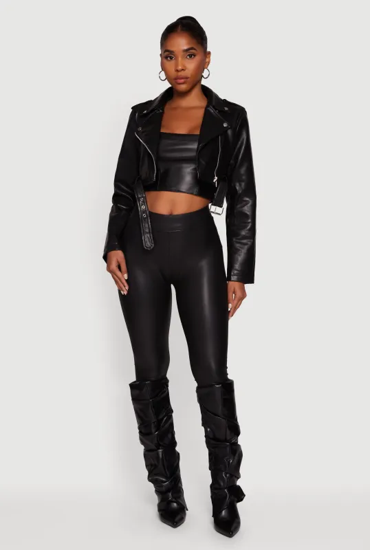 Faux Leather Cropped Moto Jacket with Belted Hem sold by Rainbow