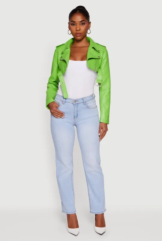 Faux Leather Cropped Moto Jacket with Belted Hem sold by Rainbow