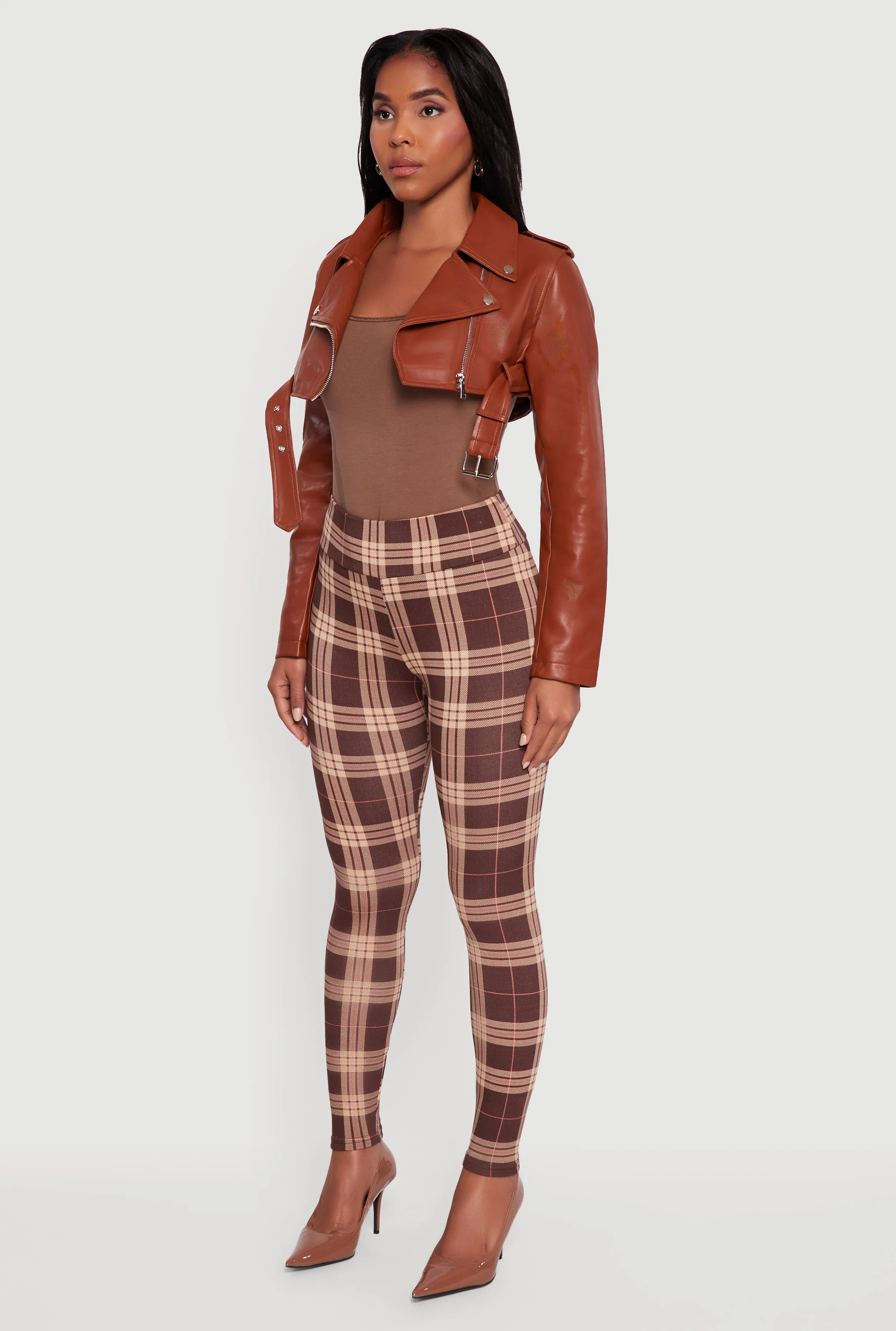 Faux Leather Cropped Moto Jacket with Belted Hem sold by Rainbow product image thumbnail 5