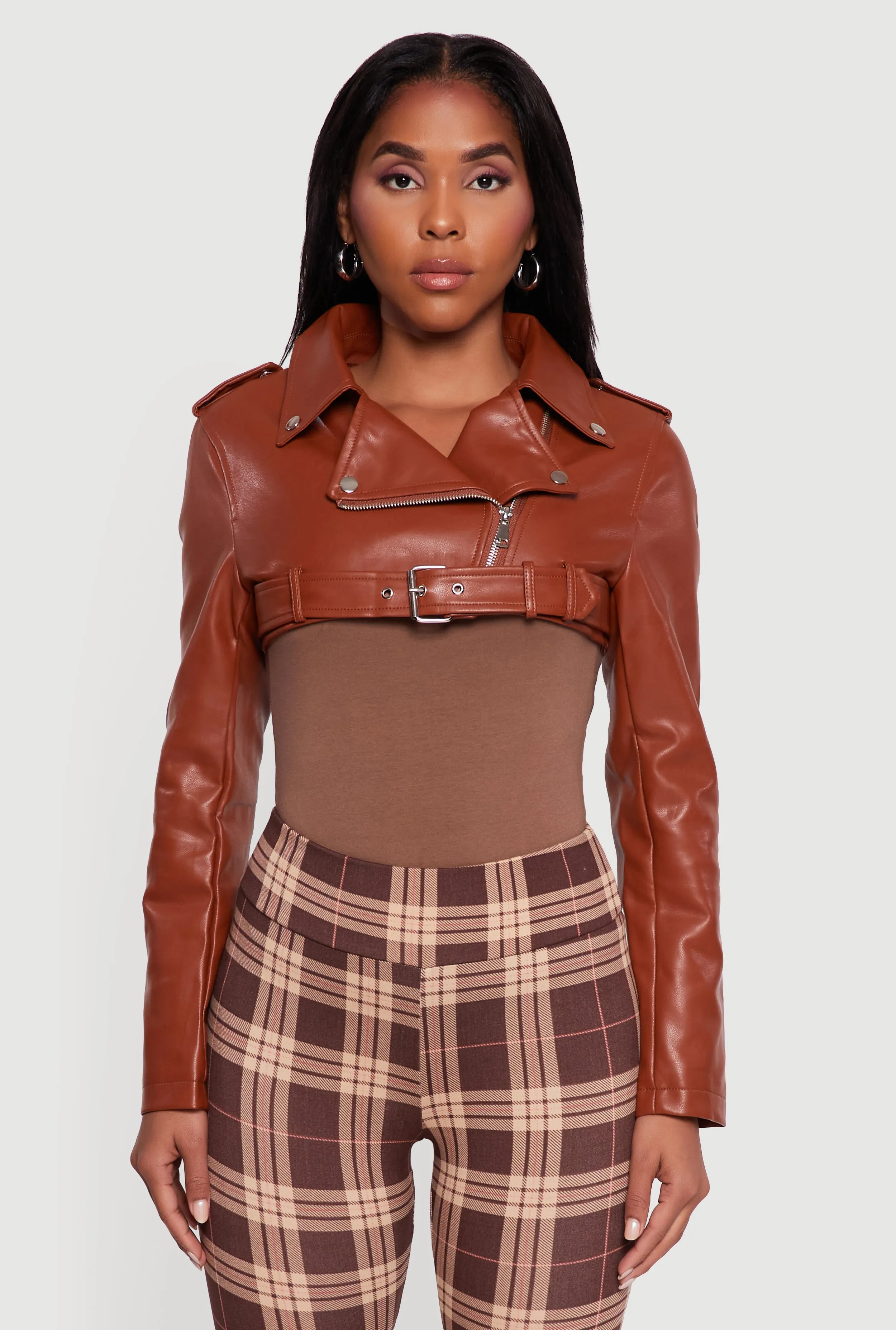 Faux Leather Cropped Moto Jacket with Belted Hem sold by Rainbow product image thumbnail 2