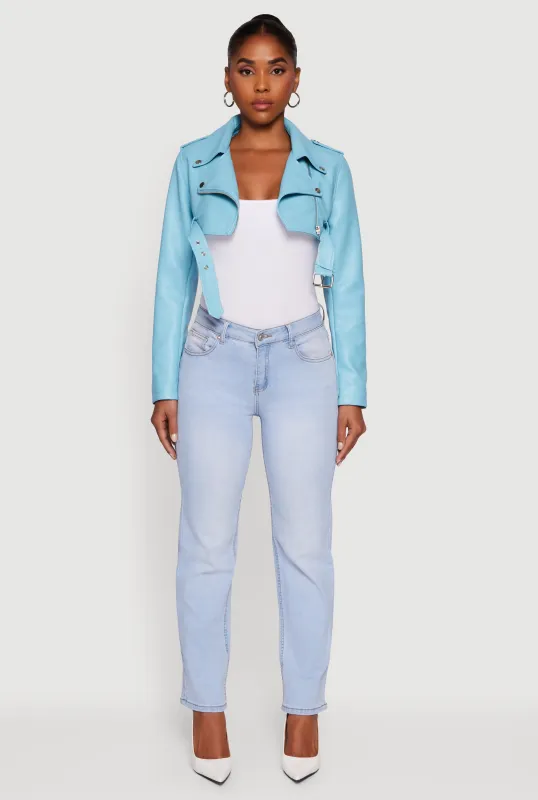 Faux Leather Cropped Moto Jacket with Belted Hem sold by Rainbow