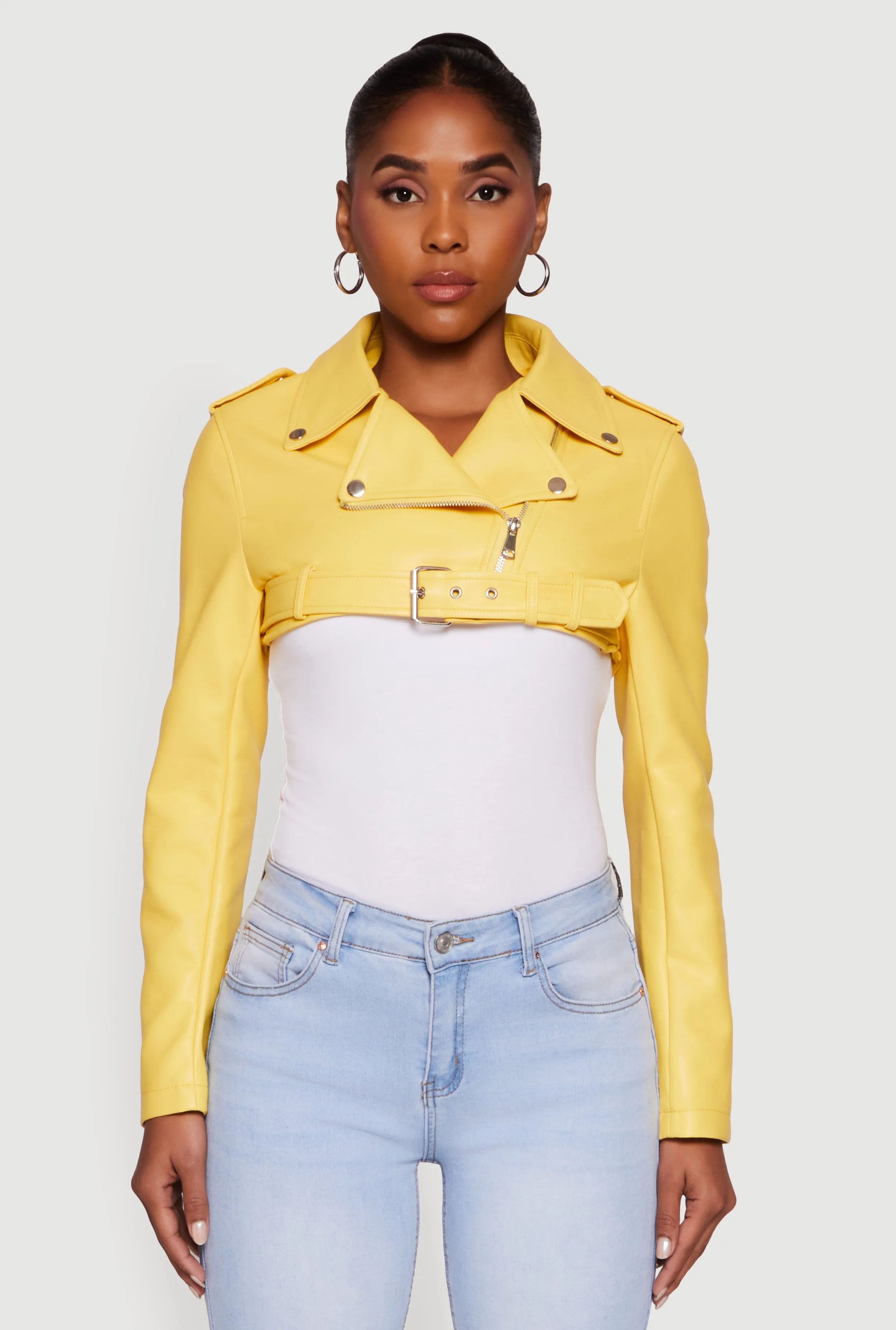Faux Leather Cropped Moto Jacket with Belted Hem sold by Rainbow product image thumbnail 2