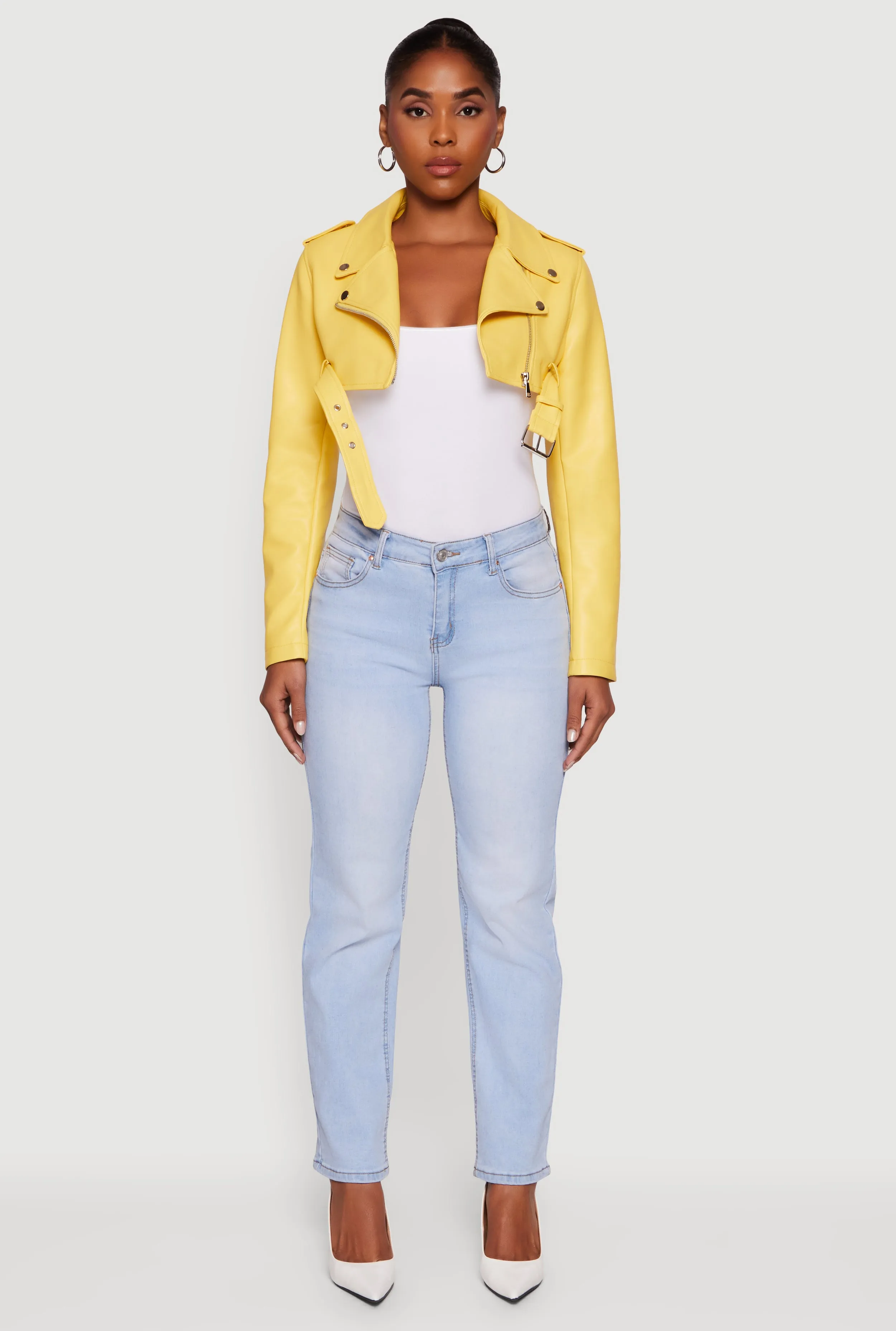 Faux Leather Cropped Moto Jacket with Belted Hem sold by Rainbow product image thumbnail 3