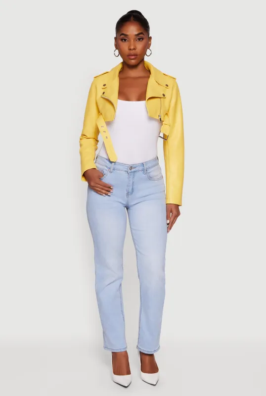 Faux Leather Cropped Moto Jacket with Belted Hem sold by Rainbow
