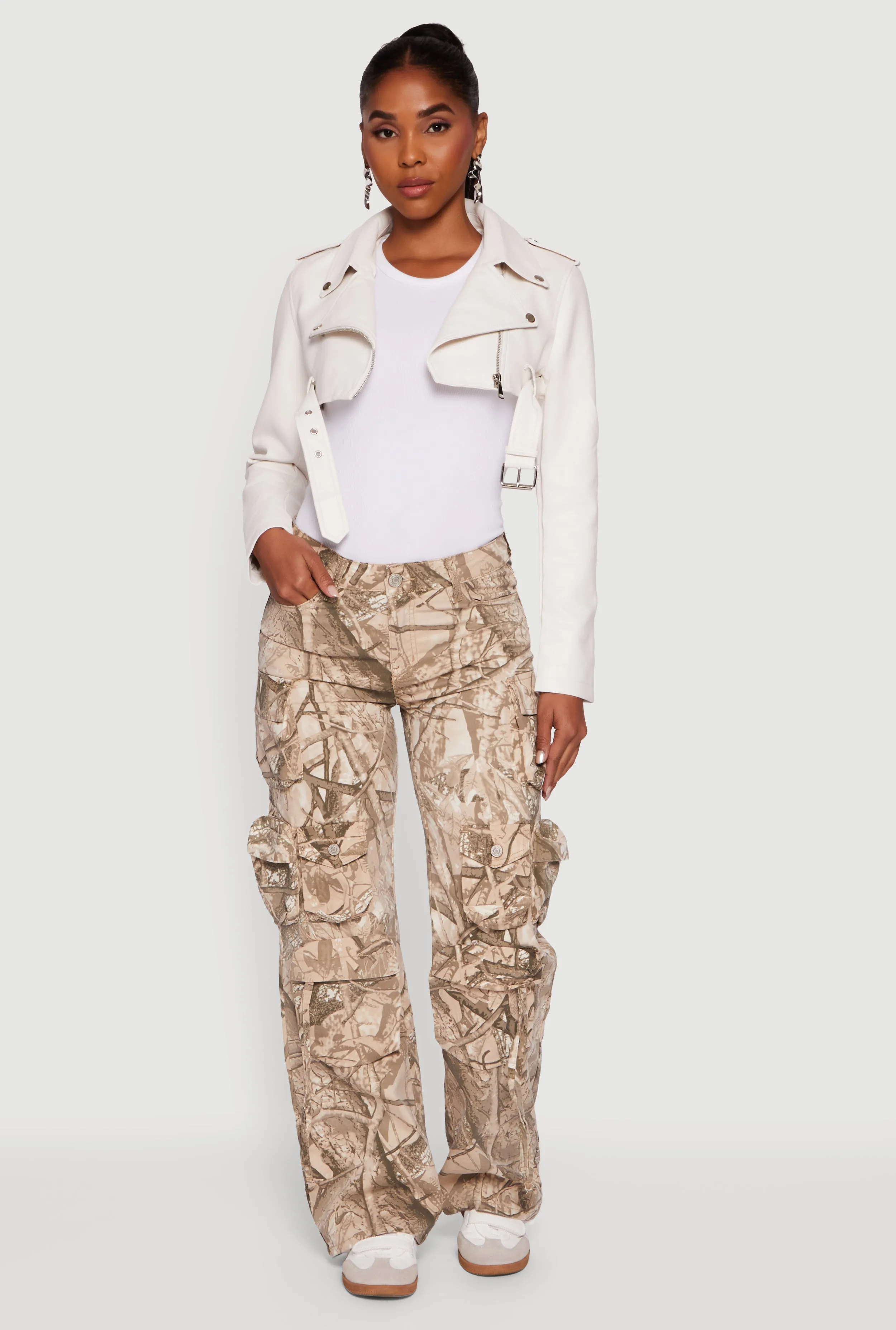 Faux Leather Cropped Moto Jacket with Belted Hem sold by Rainbow