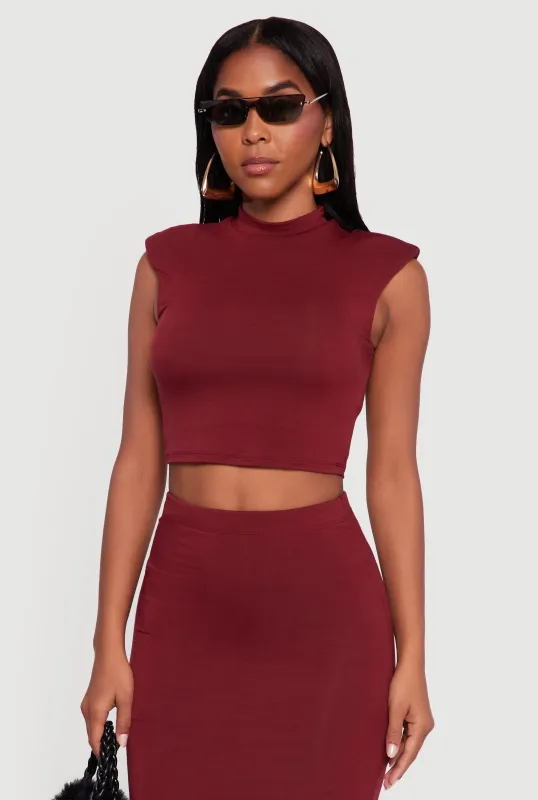 Shoulder Padded Mock Neck Sleeveless Crop Top sold by Rainbow