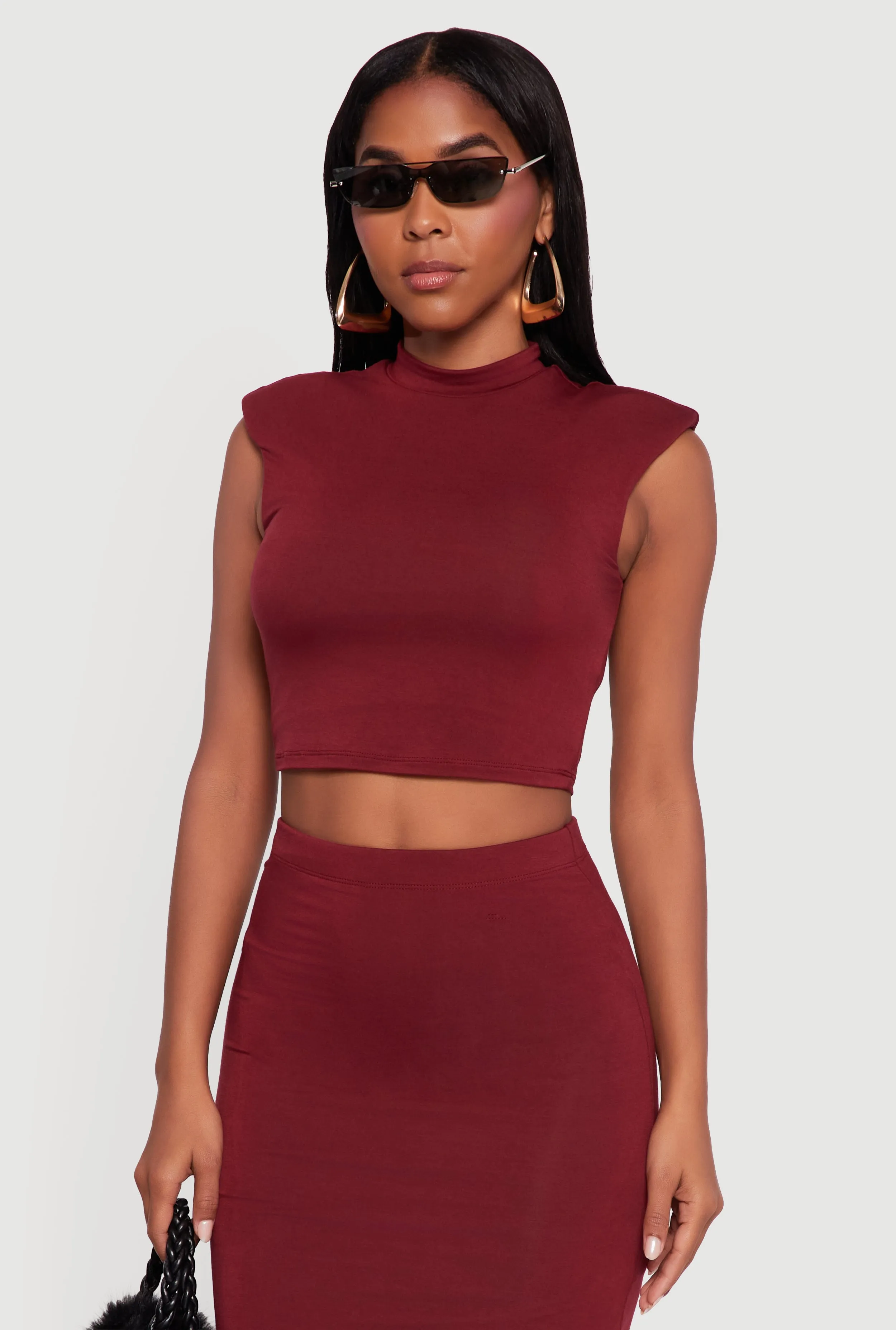 Shoulder Padded Mock Neck Sleeveless Crop Top sold by Rainbow