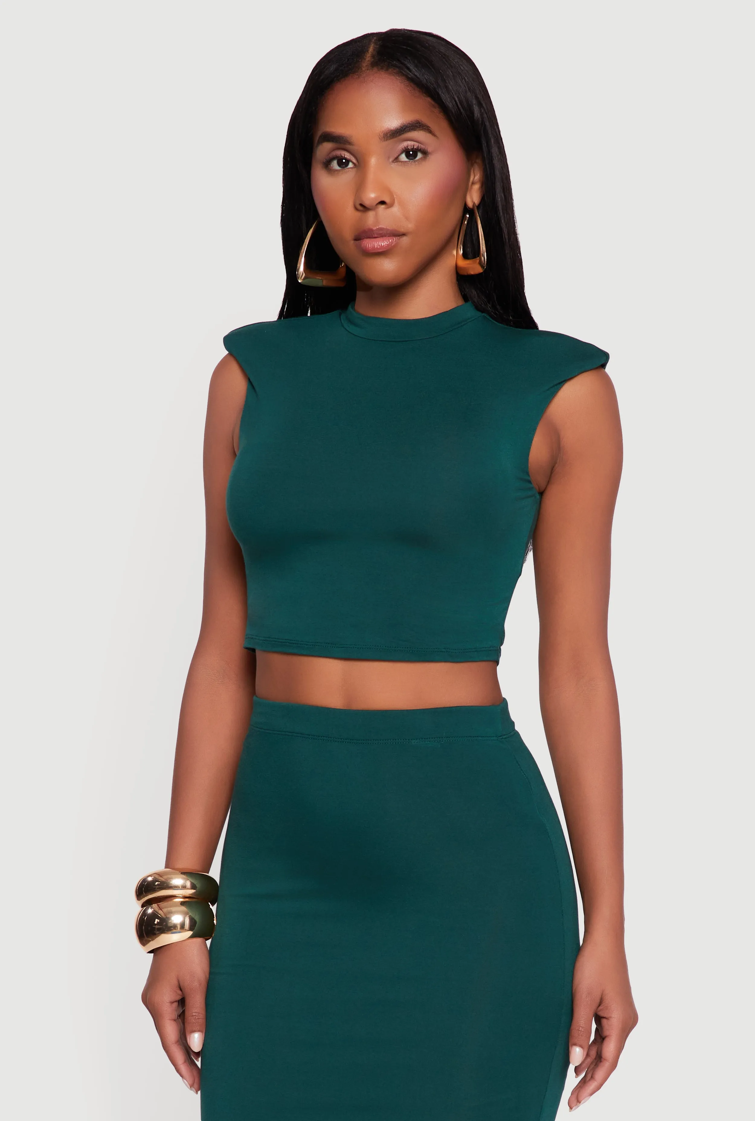 Shoulder Padded Mock Neck Sleeveless Crop Top sold by Rainbow