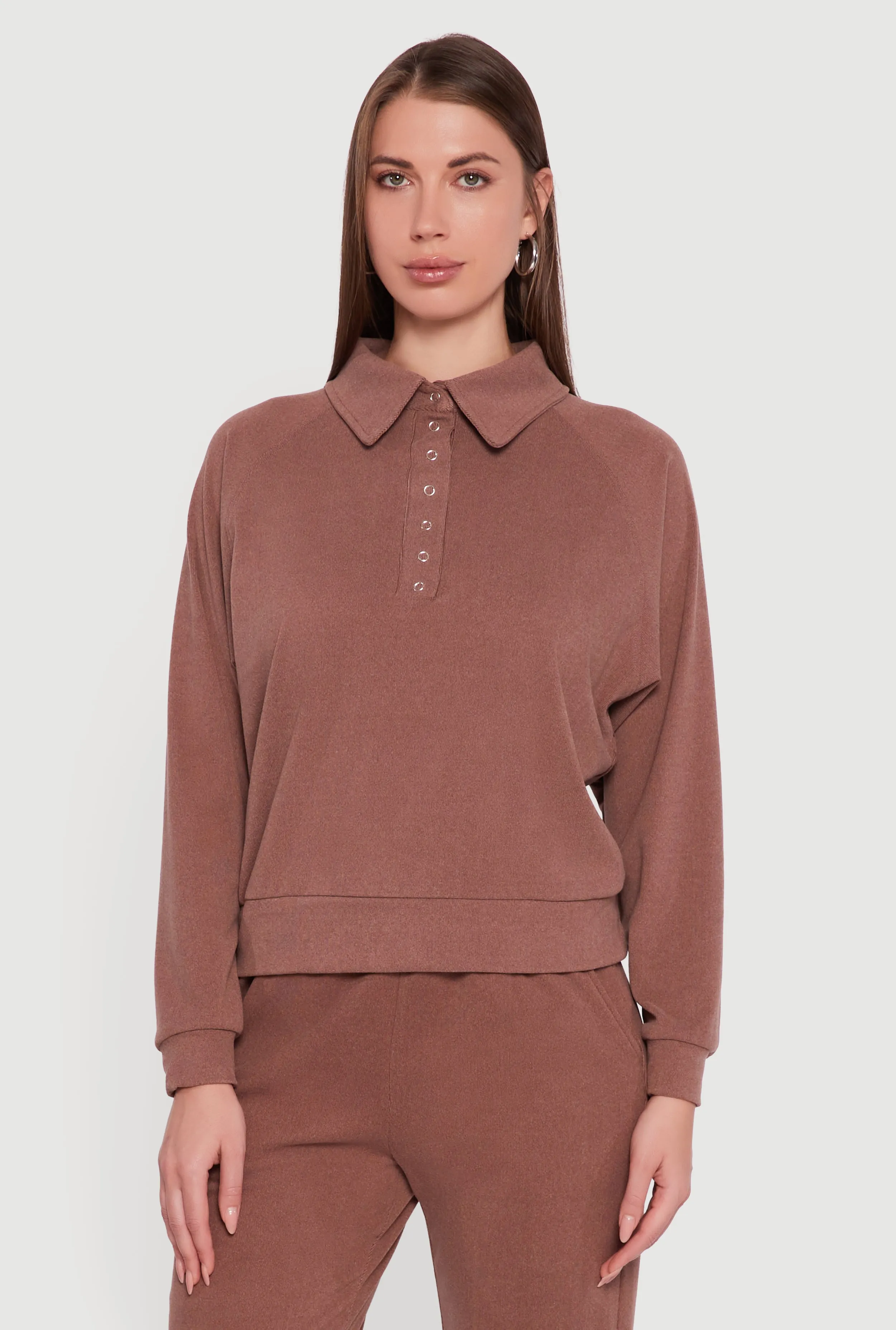 Brushed Rib Knit Long Sleeve Collared Sweatshirt sold by Rainbow