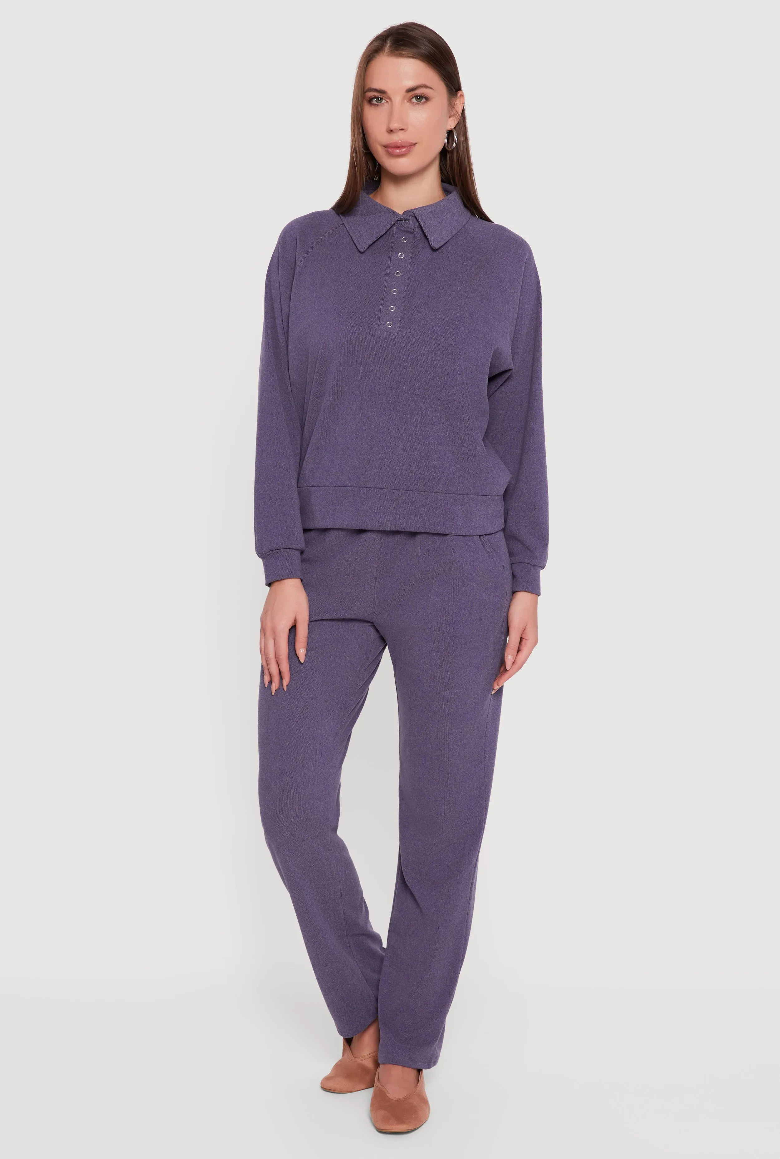 Brushed Rib Knit Long Sleeve Collared Sweatshirt sold by Rainbow product image thumbnail 2