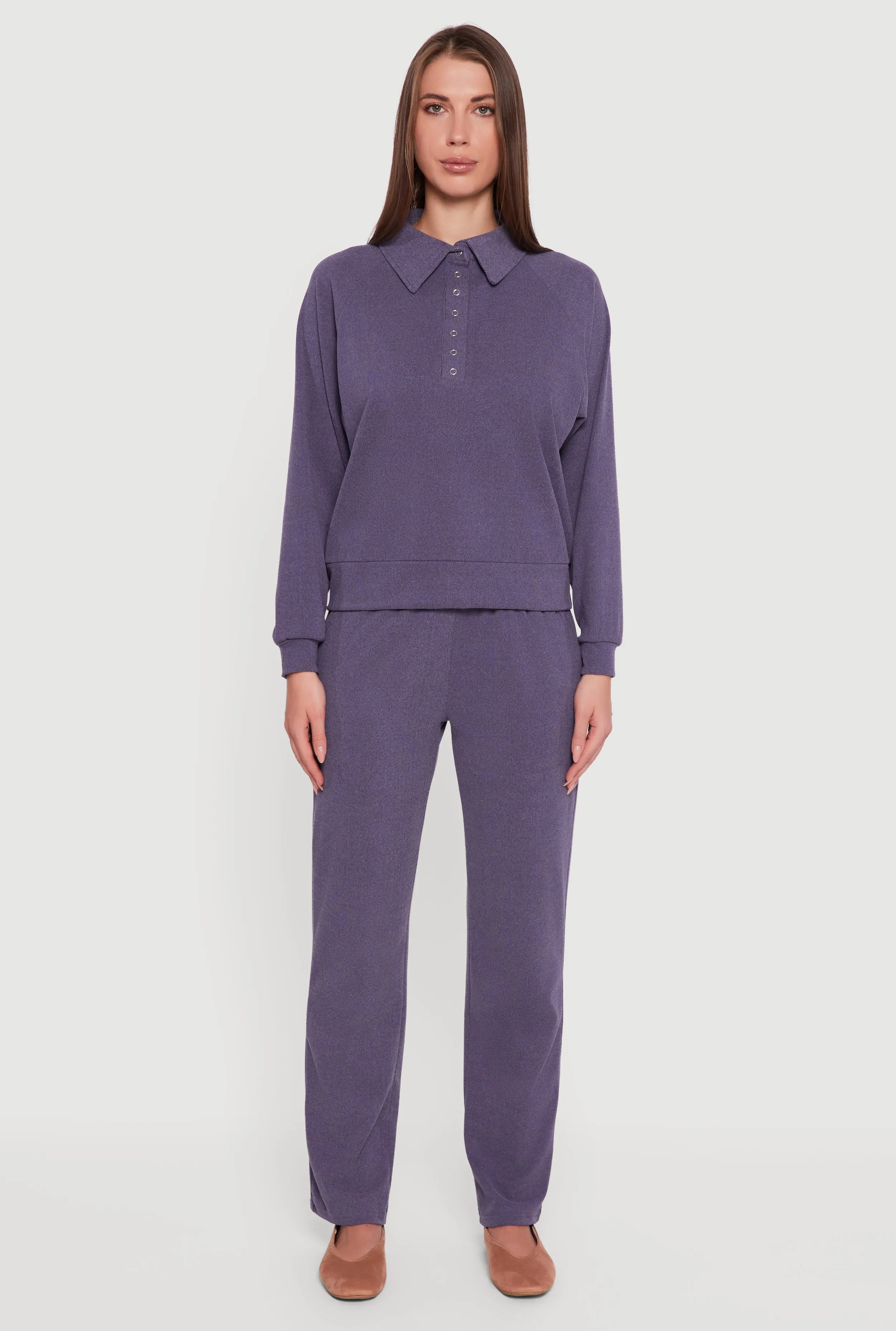 Brushed Rib Knit Long Sleeve Collared Sweatshirt sold by Rainbow product image thumbnail 3