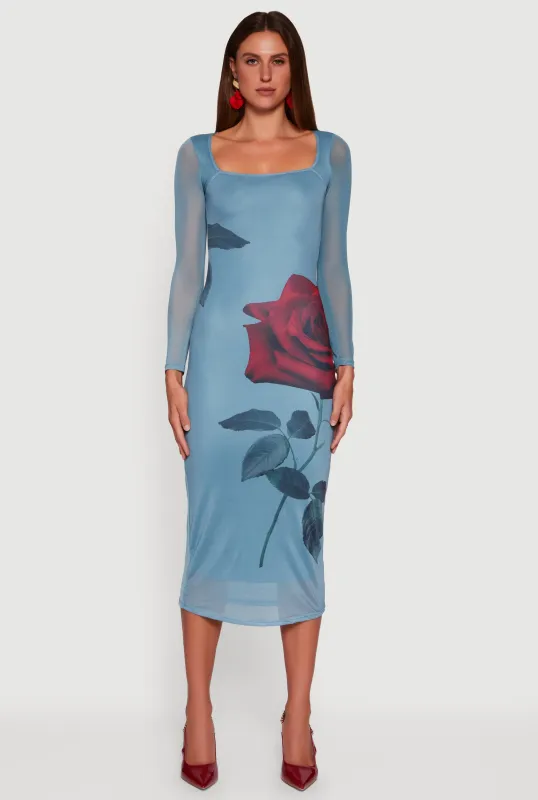 Almost Famous Mesh Rose Print Long Sleeve Midi Dress sold by Rainbow