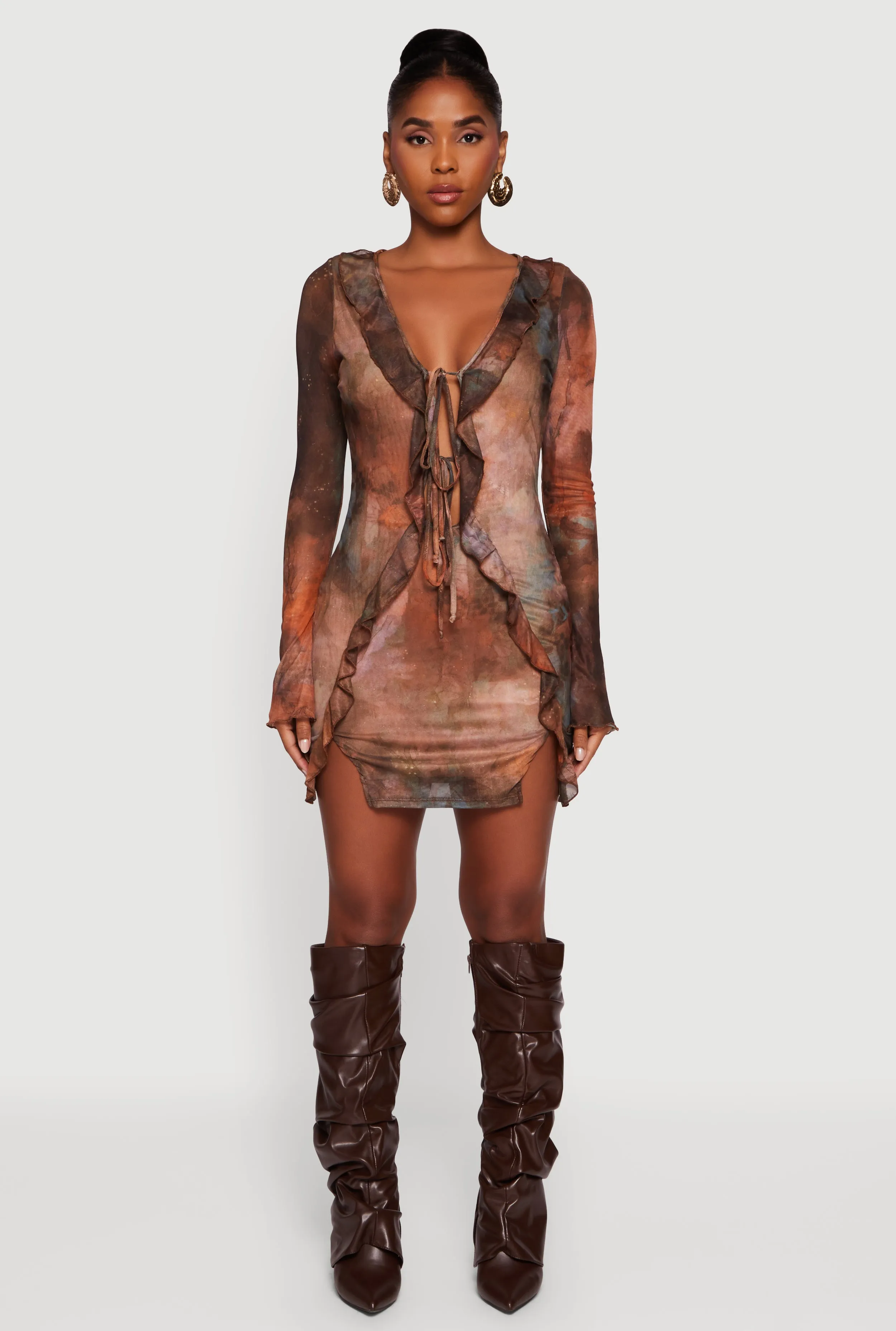 Ruffle Mesh Tie Front Bodycon Dress sold by Rainbow