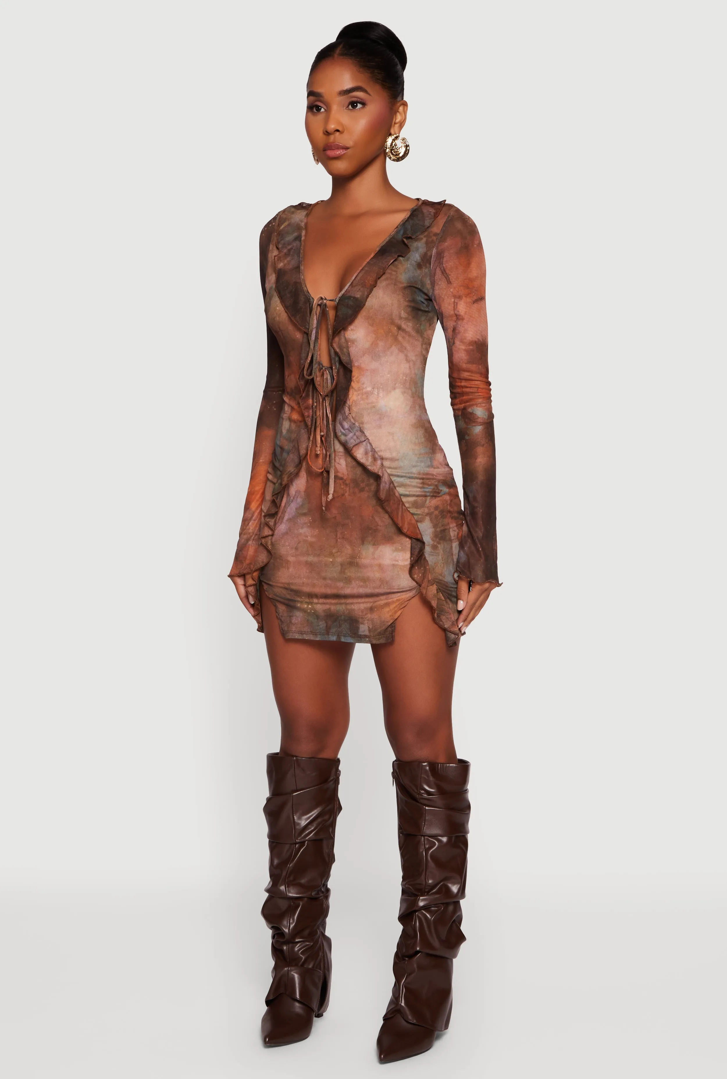 Ruffle Mesh Tie Front Bodycon Dress sold by Rainbow product image thumbnail 3