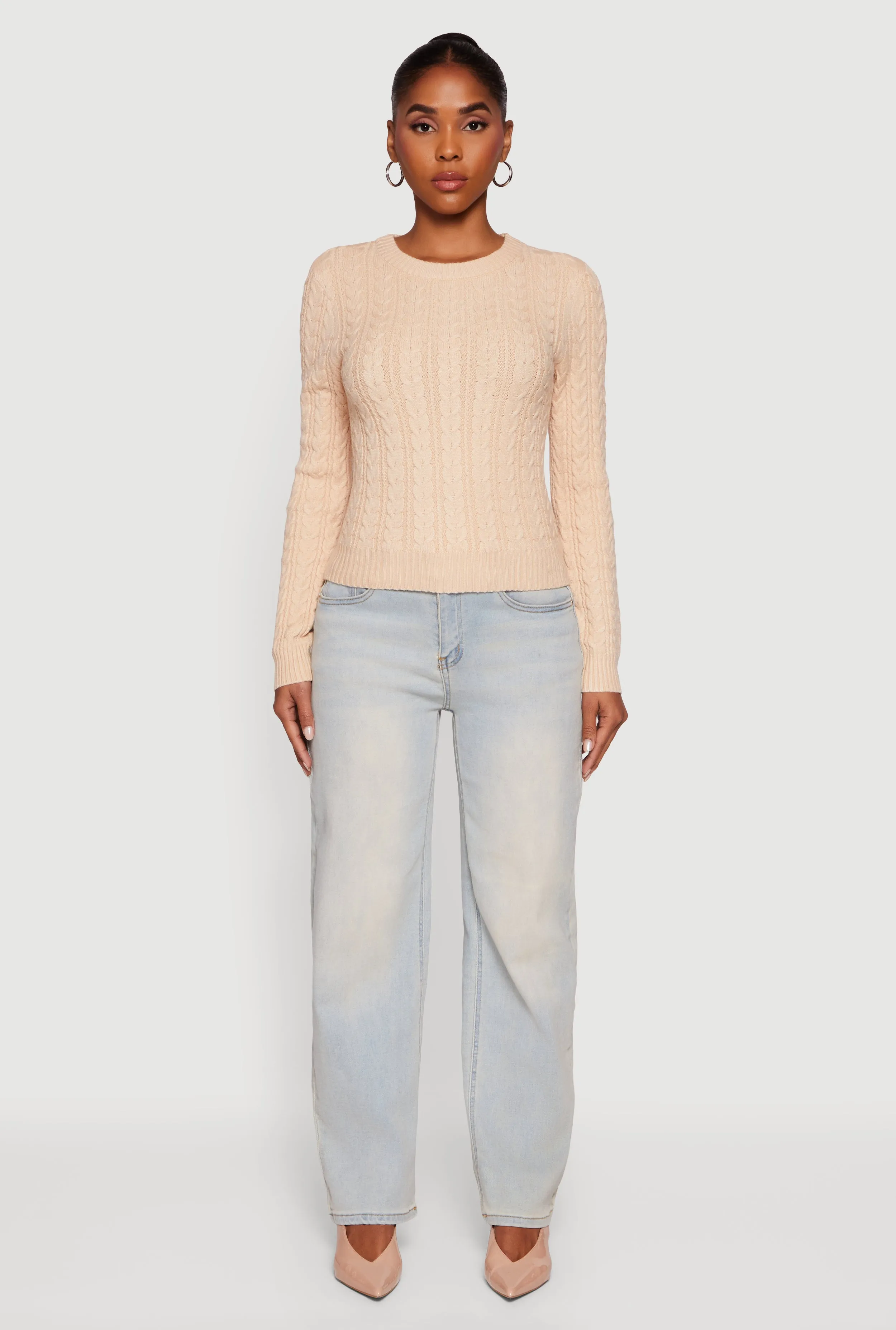 Cable Knit Long Sleeve Crew Neck Sweater sold by Rainbow