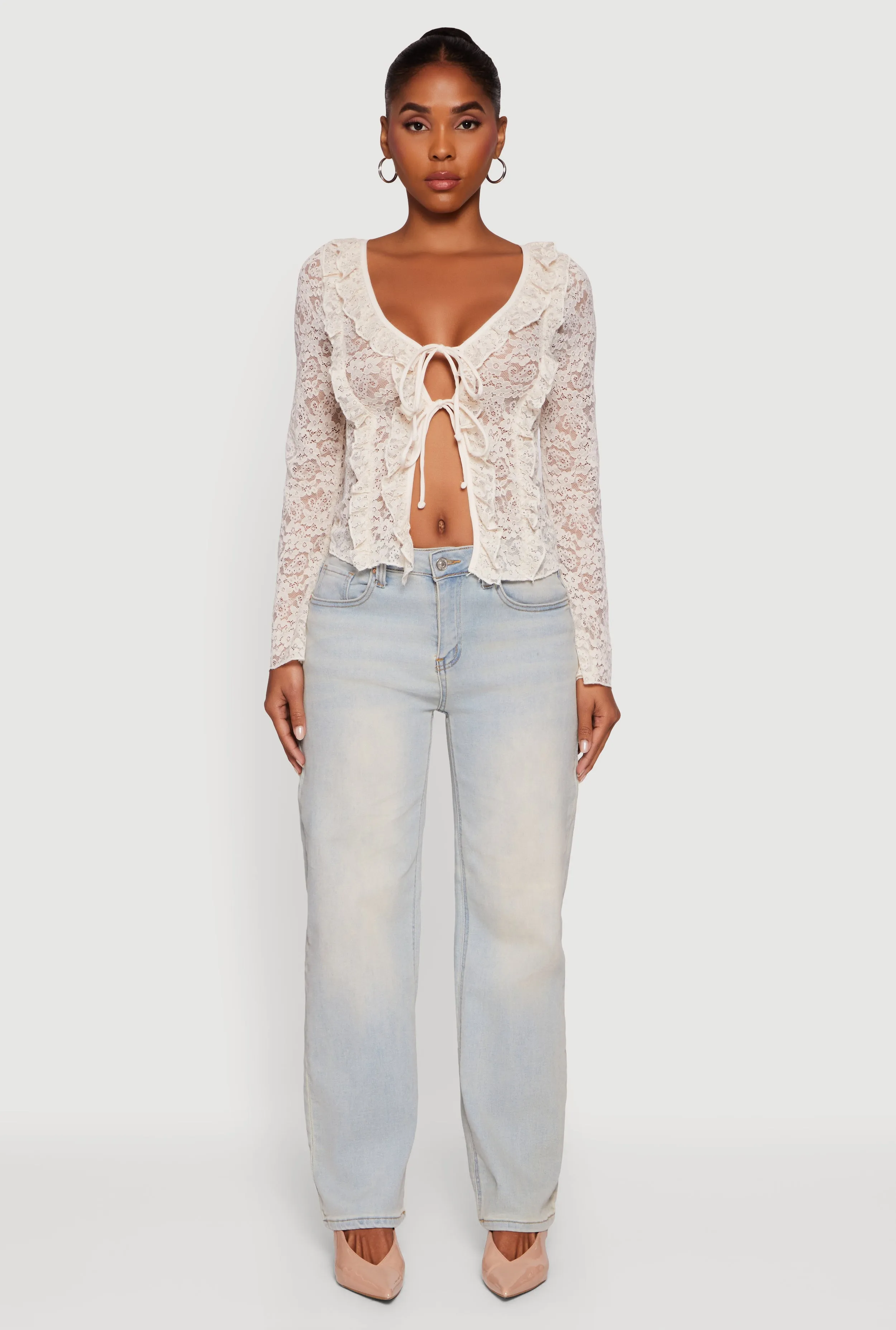 Floral Lace Double Tie Front Ruffle Top sold by Rainbow