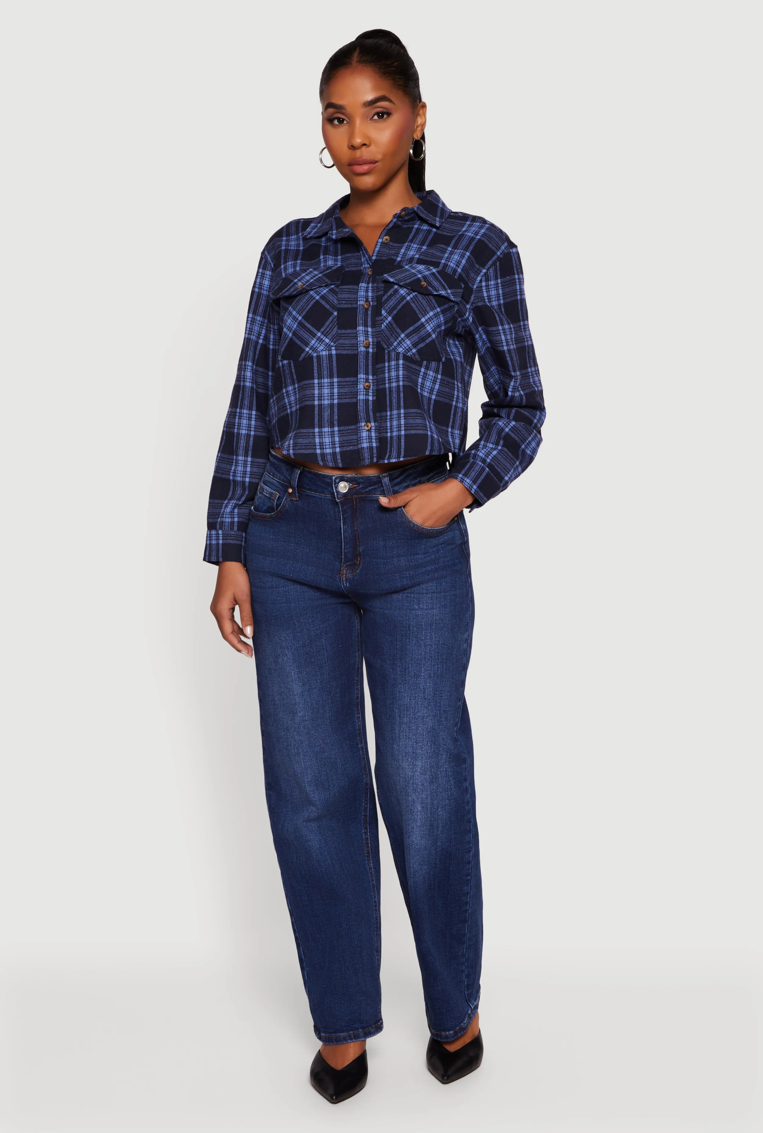 Plaid Flap Pocket Cropped Button Front Shirt sold by Rainbow product image thumbnail 3