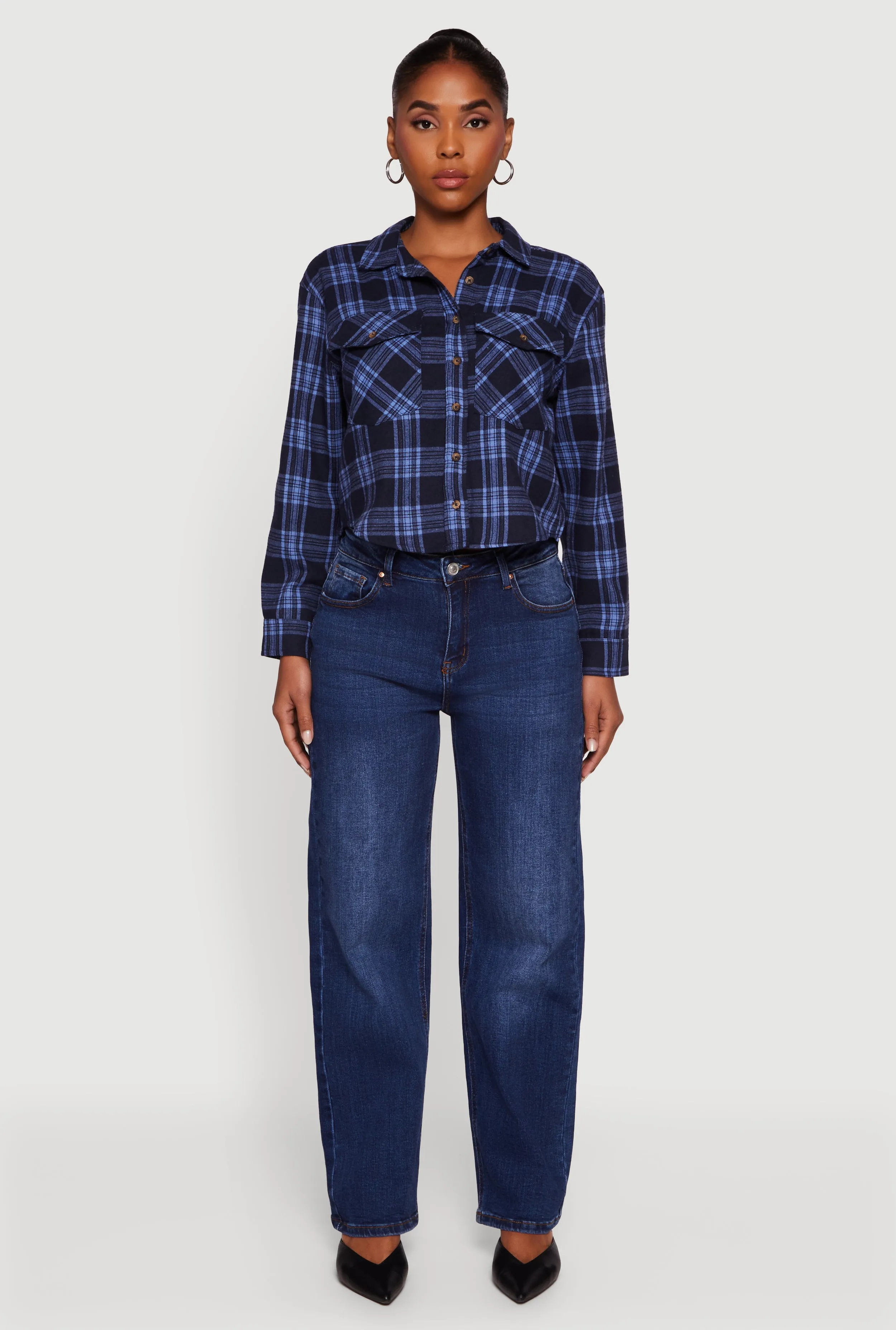 Plaid Flap Pocket Cropped Button Front Shirt sold by Rainbow