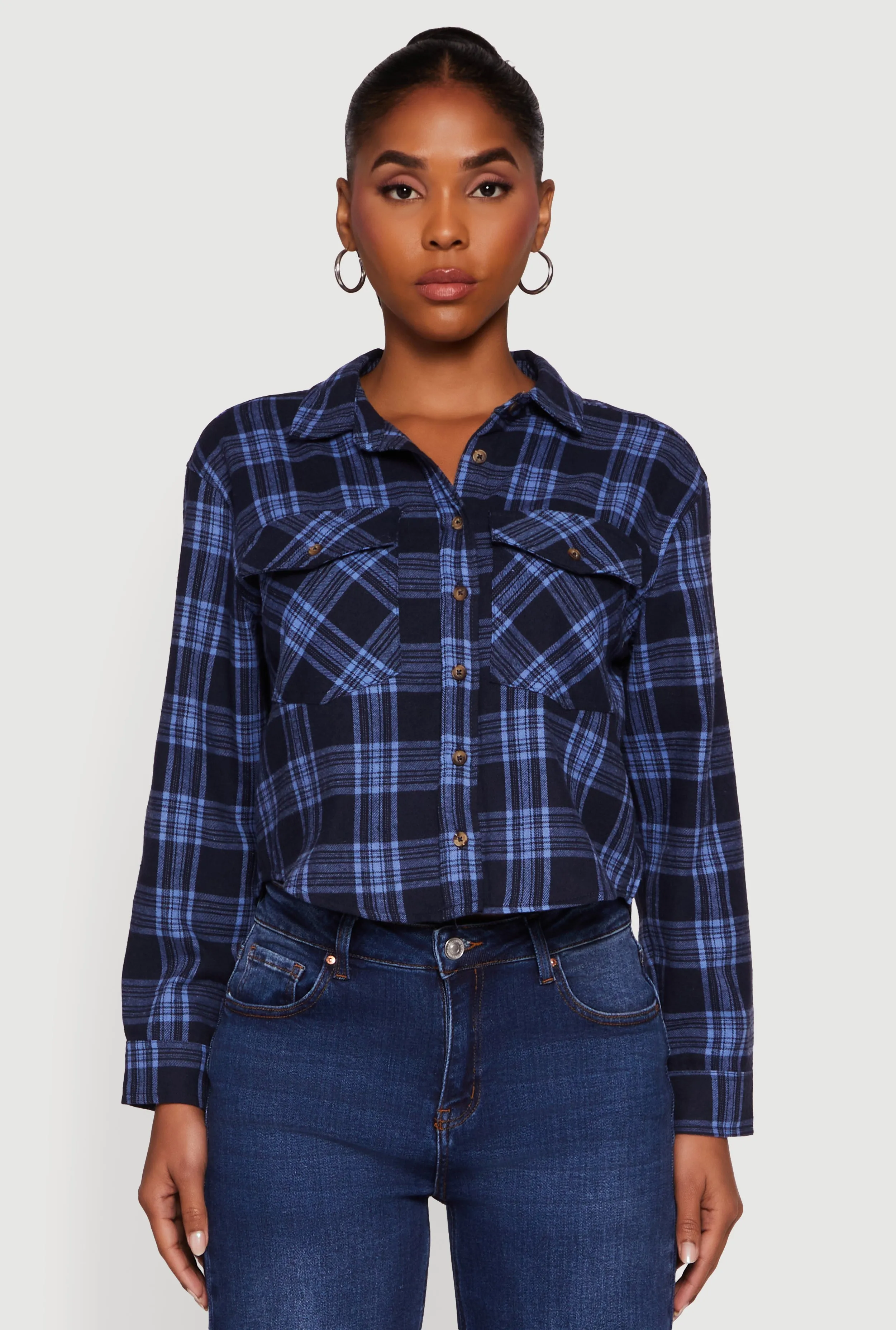 Plaid Flap Pocket Cropped Button Front Shirt sold by Rainbow product image thumbnail 2