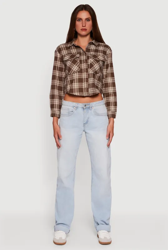 Plaid Flap Pocket Cropped Button Front Shirt sold by Rainbow