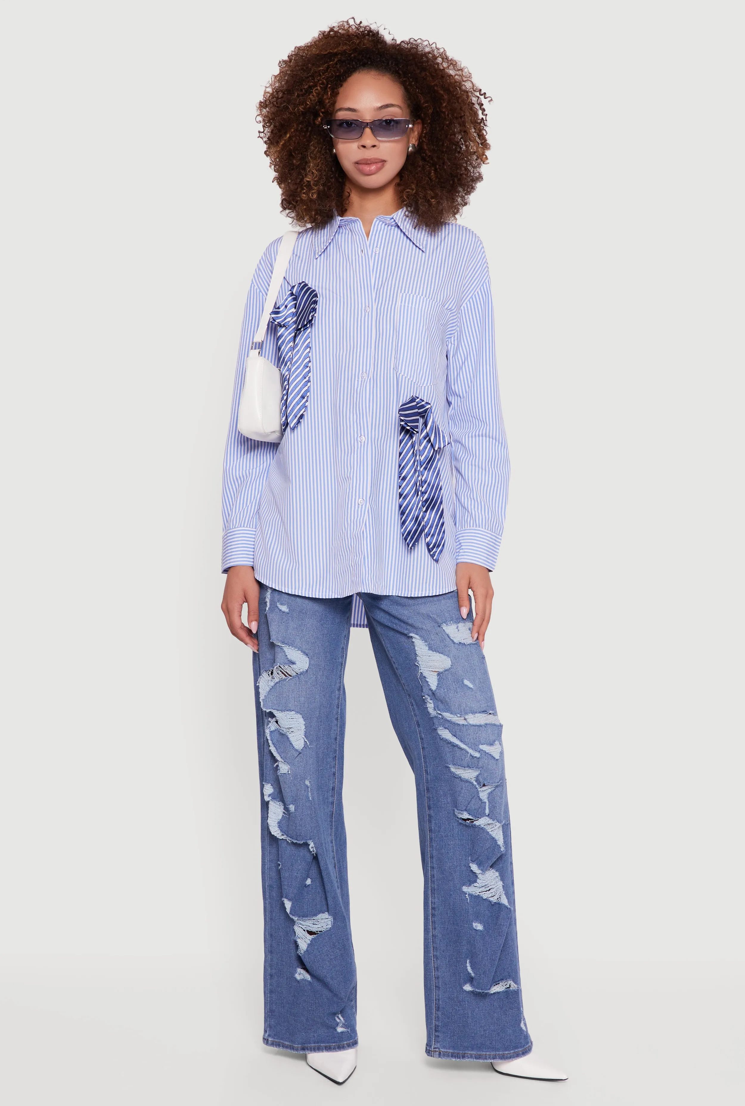 Pinstripe Satin Bow Poplin Shirt sold by Rainbow