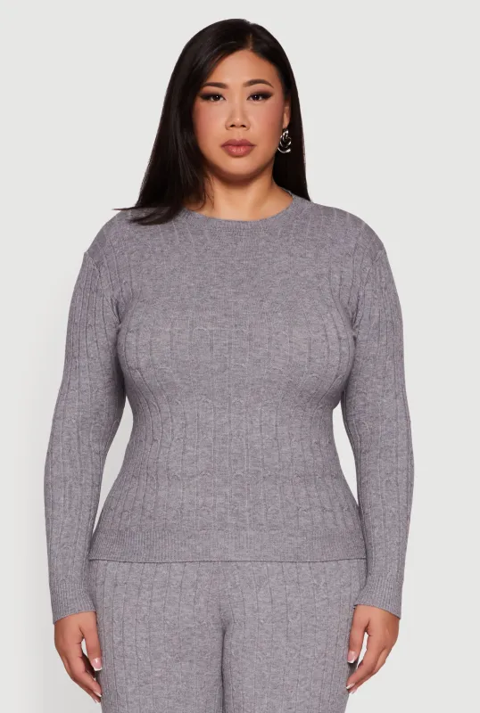 Plus Size Cable Knit Long Sleeve Crew Neck Sweater sold by Rainbow