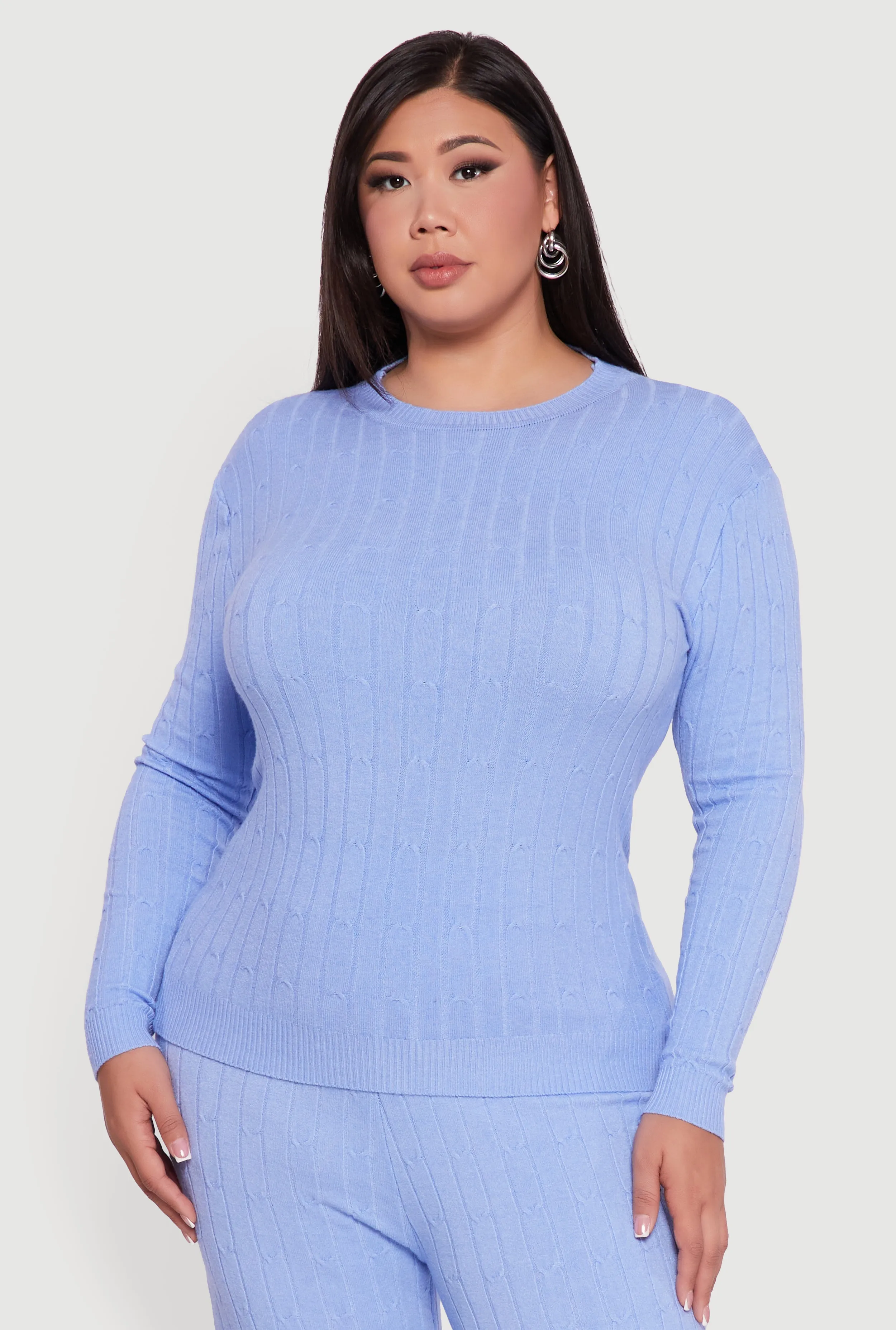 Plus Size Cable Knit Long Sleeve Crew Neck Sweater sold by Rainbow