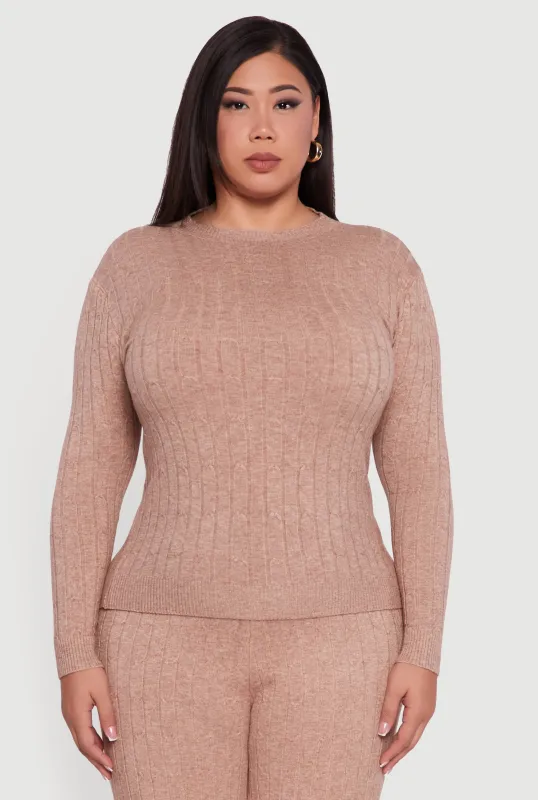 Plus Size Cable Knit Long Sleeve Crew Neck Sweater sold by Rainbow