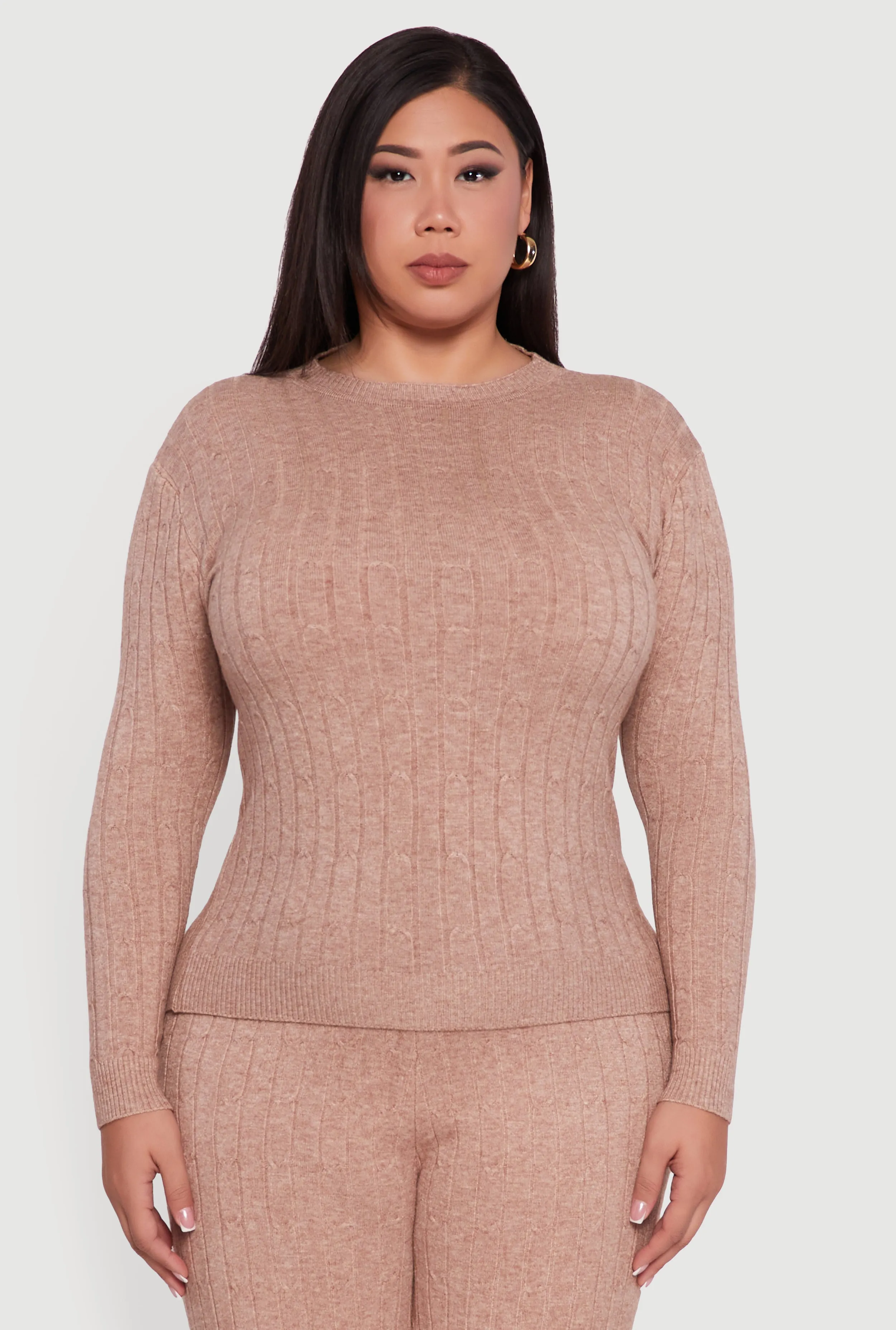 Plus Size Cable Knit Long Sleeve Crew Neck Sweater sold by Rainbow