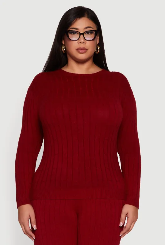 Plus Size Cable Knit Long Sleeve Crew Neck Sweater sold by Rainbow