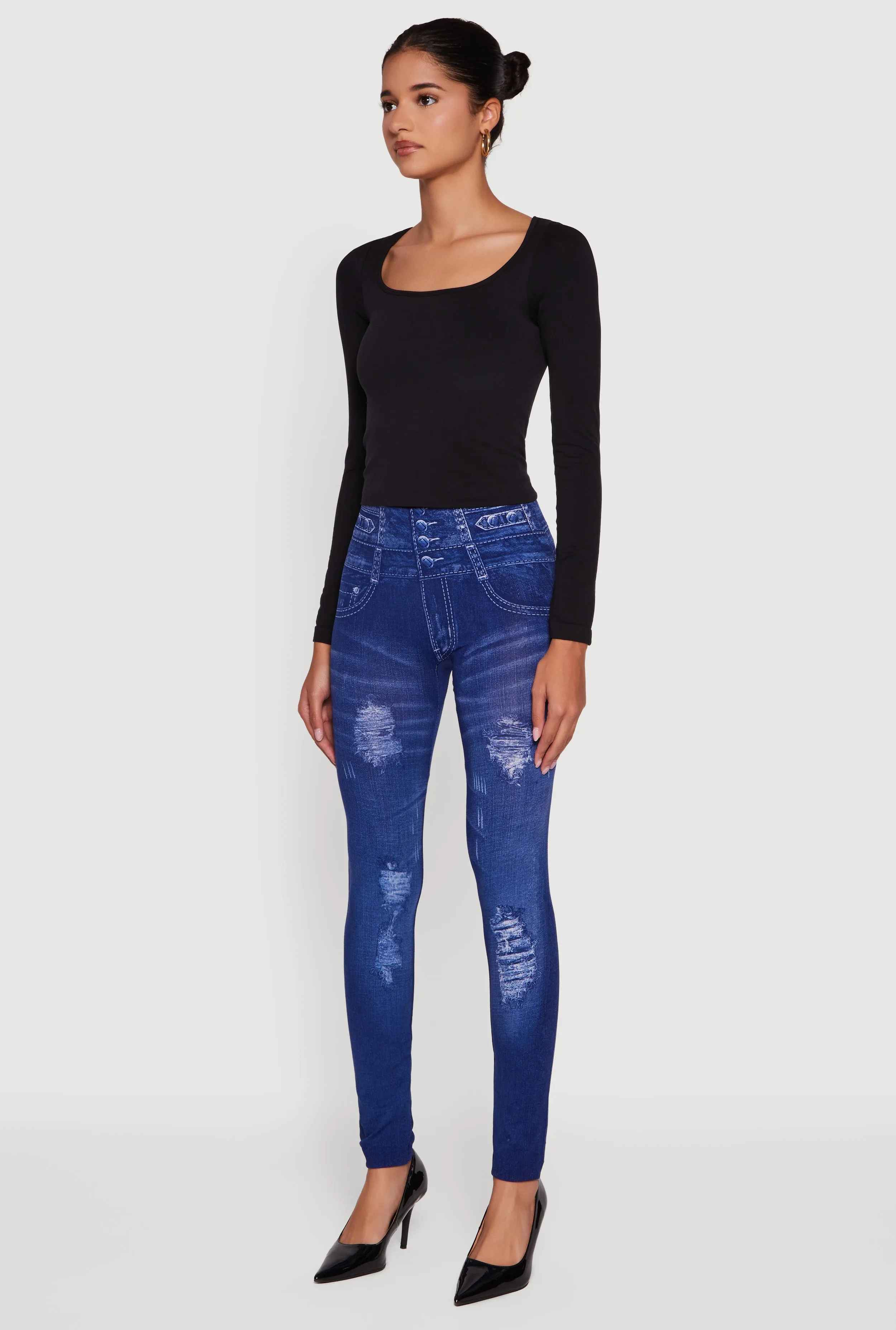 Distressed Print High Waisted Push Up Jeggings sold by Rainbow product image thumbnail 3