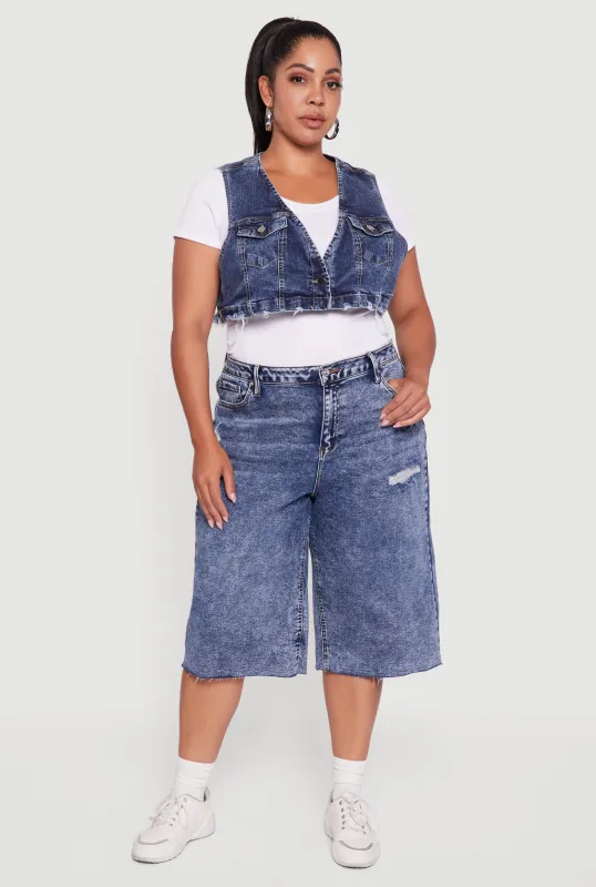 Plus Size Acid Wash Cropped Distressed Denim Vest sold by Rainbow