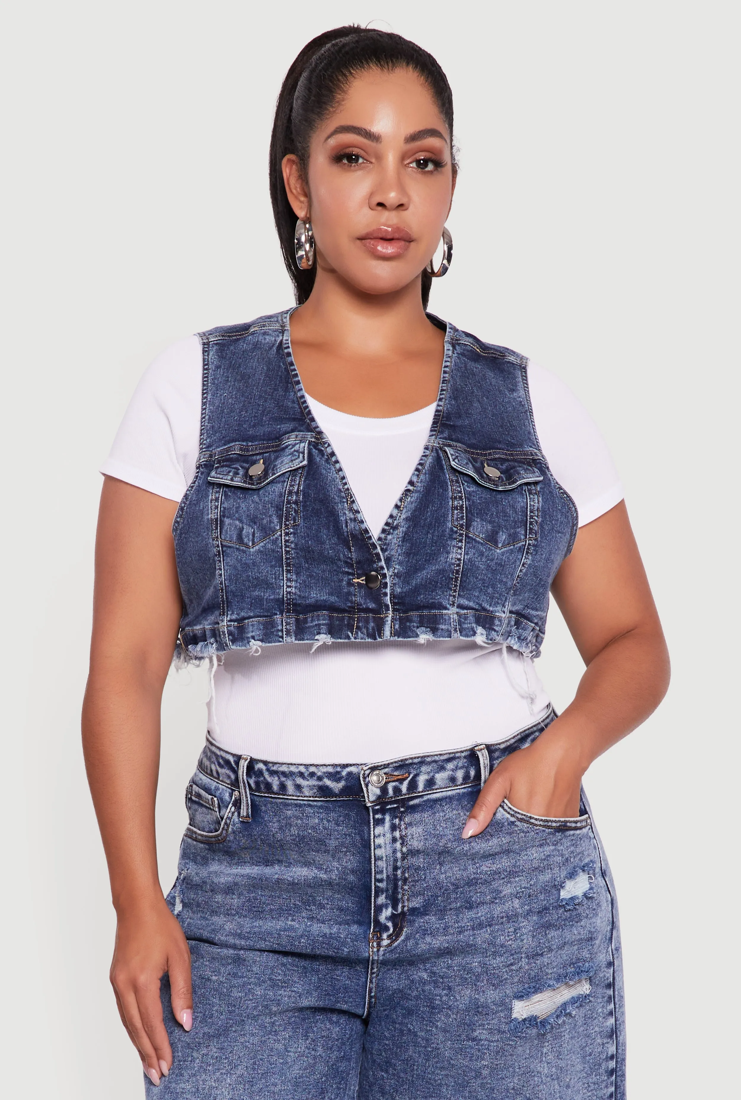 Plus Size Acid Wash Cropped Distressed Denim Vest sold by Rainbow product image thumbnail 2