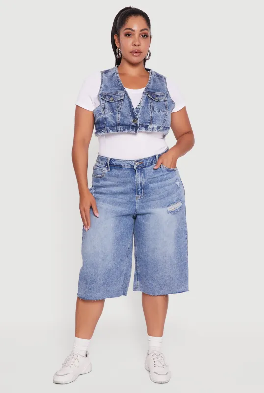 Plus Size Acid Wash Cropped Distressed Denim Vest sold by Rainbow