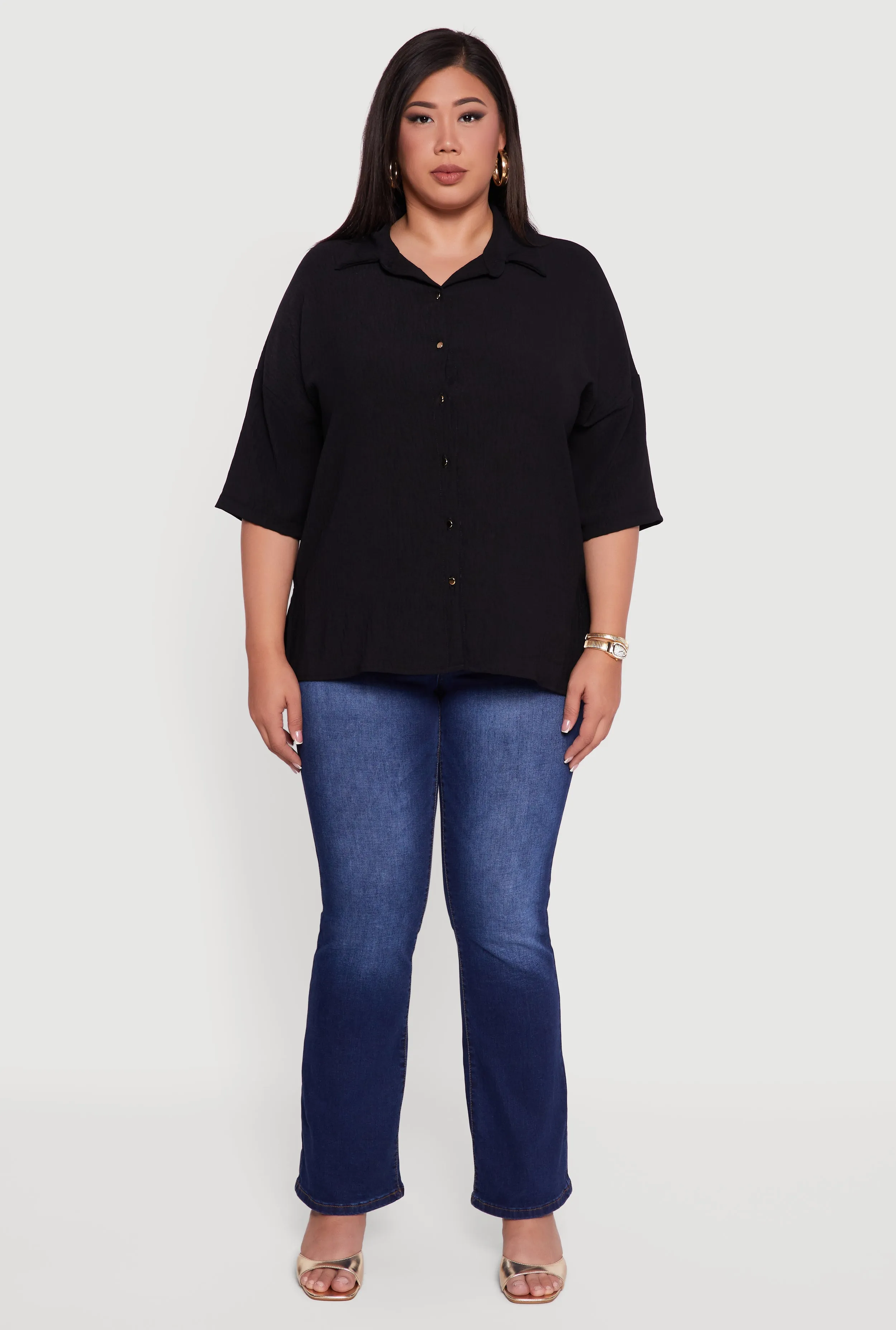 Plus Size Crepe Knit Boxy Button Front Shirt sold by Rainbow product image thumbnail 3